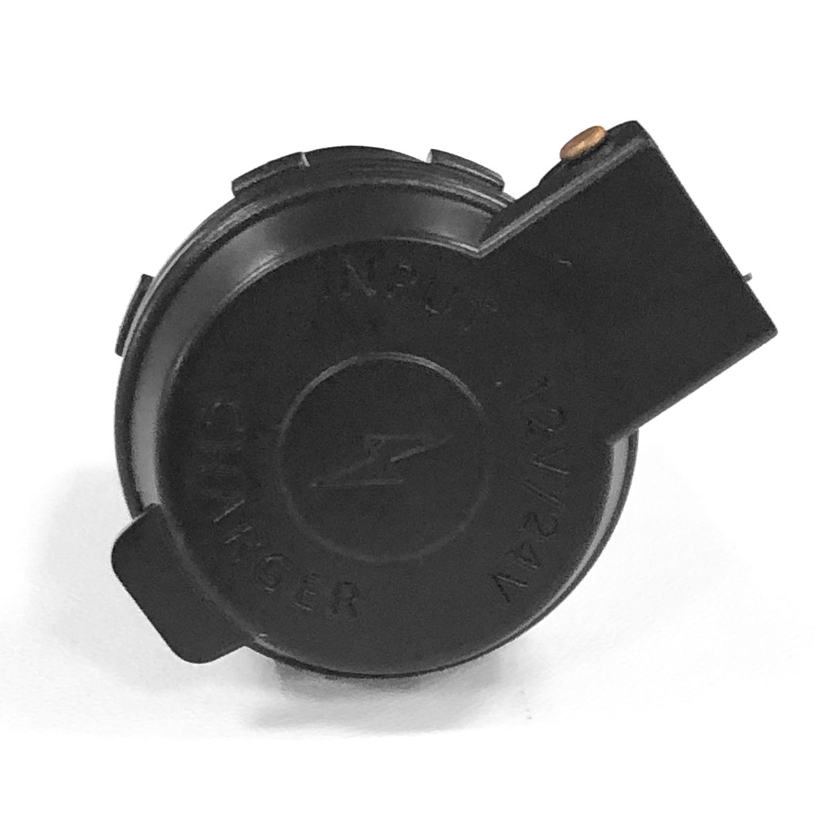 Schwarzer Stecker mit Blitzsymbol und "INPUT CHARGER 12/24V" Beschriftung.