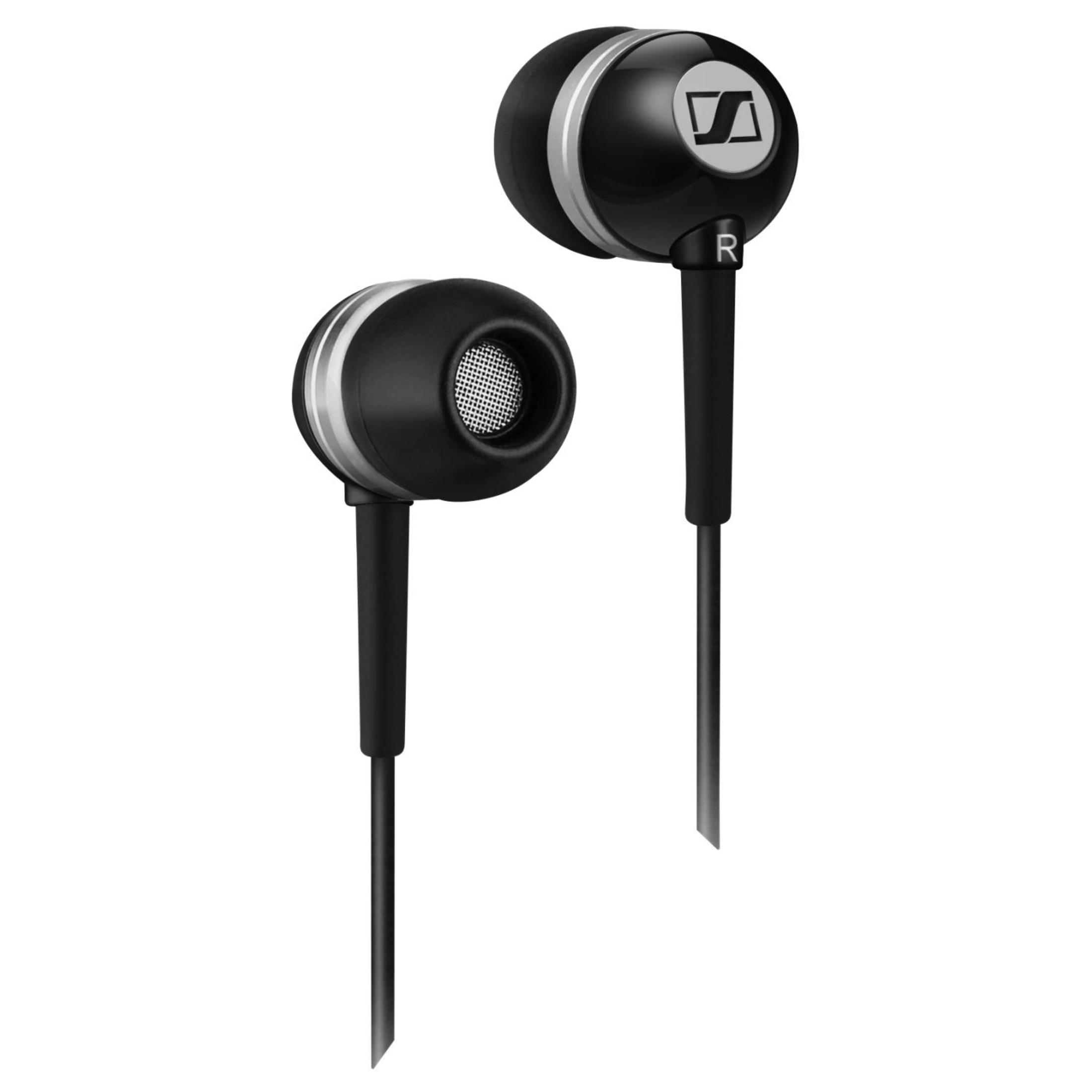 Schwarze Sennheiser-Ohrhörer mit silbernen Akzenten und R-Markierung.