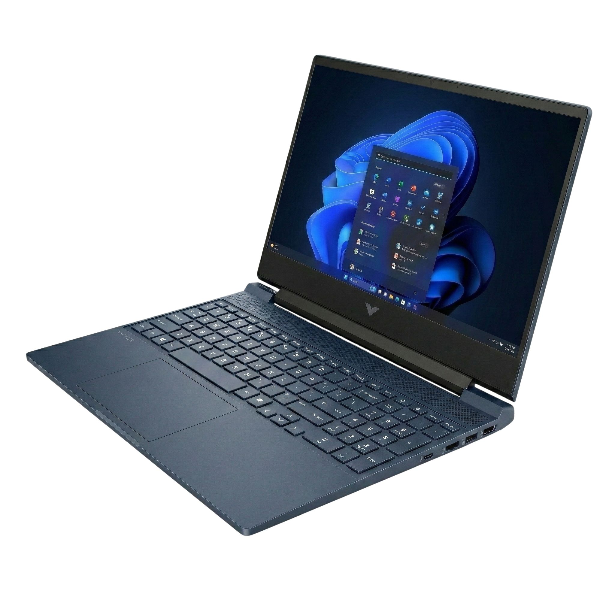 Arkadan aydınlatmalı klavyeli koyu mavi dizüstü bilgisayar, açık ekran Windows'u gösteriyor.