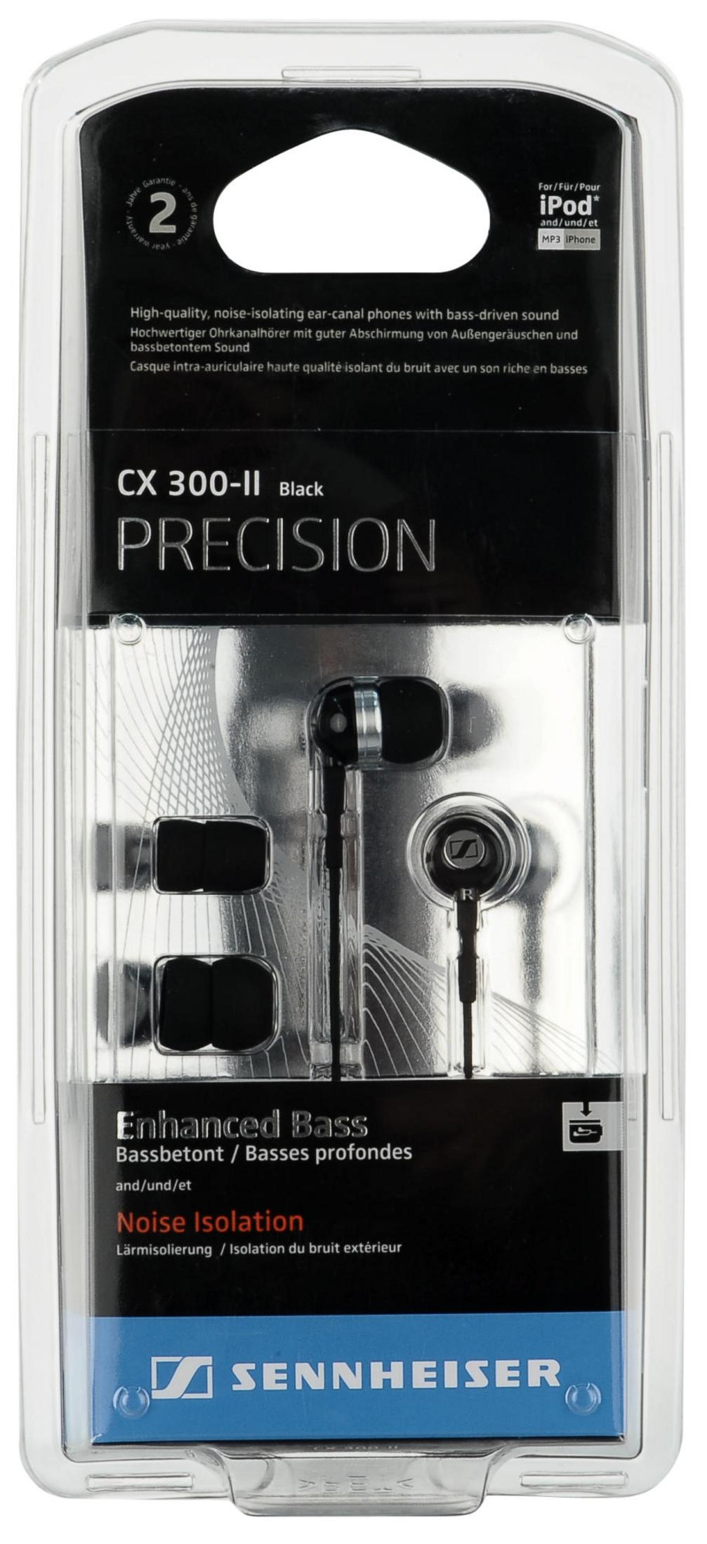 Verpackung mit schwarzen Sennheiser CX 300-II In-Ear-Kopfhörern und Produktinformationen.