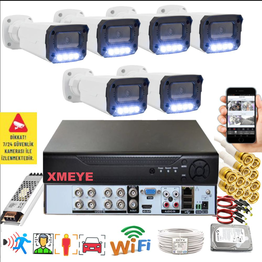 BISES 6'lı Araç İnsan Yüz Tanımalı Hareket Algılayan 5 MP Lens 4 Warm Led Gece Renkli 3404W Güvenlik Kamerası Seti Beyaz