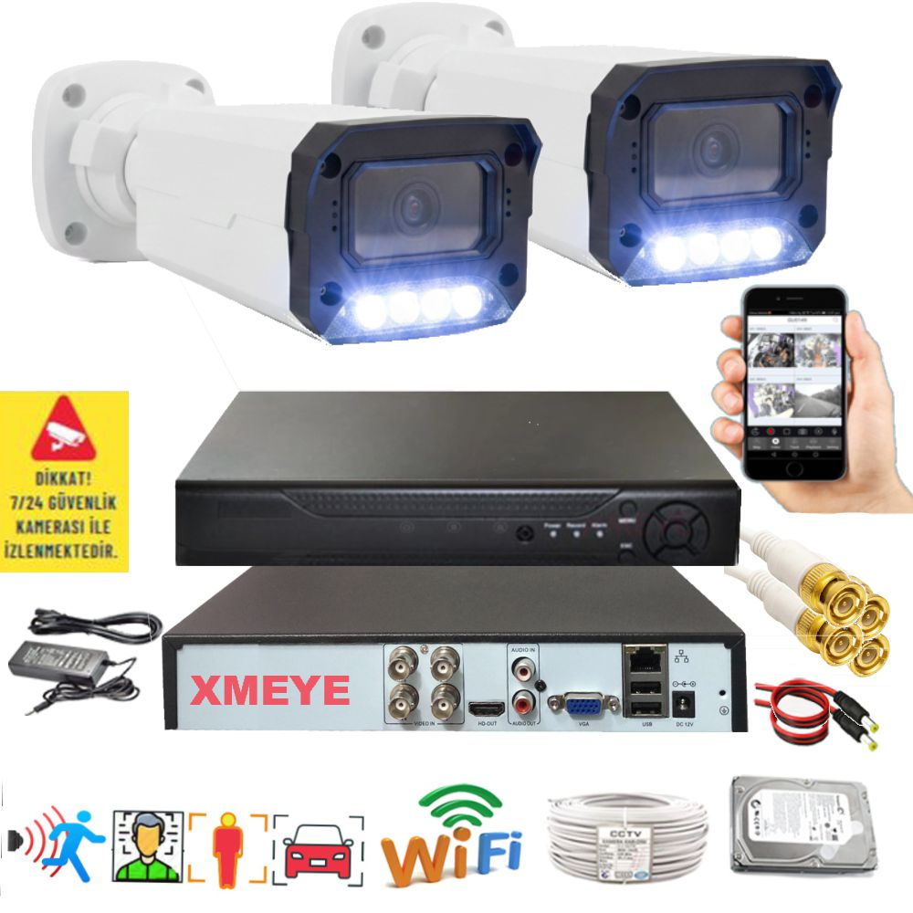 BISES 2'li Hareket Algılayan 5 MP Lens 4 Warm Led Gece Renkli Gösteren BS 3404W Güvenlik Kamerası Seti Beyaz