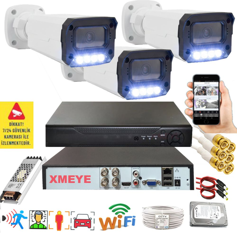 BISES 3'lü Hareket Algılayan 5 MP Lens 4 Warm Led Gece Renkli Gösteren BS 3404W Güvenlik Kamerası Seti Beyaz