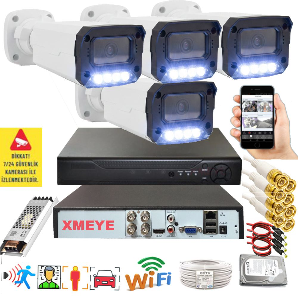 BISES 4'lü Hareket Algılayan 5 MP Lens 4 Warm Led Gece Renkli Gösteren BS 3404W Güvenlik Kamerası Seti Beyaz