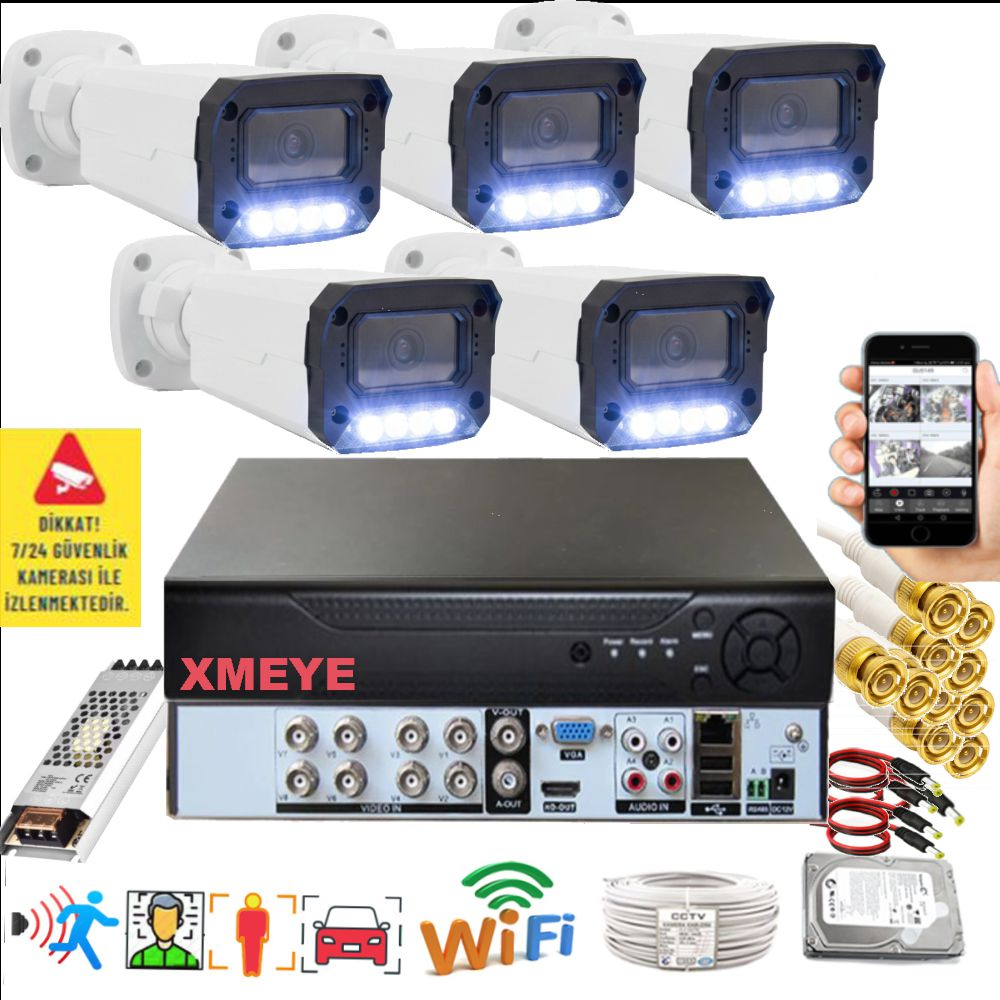 BISES 5'li Araç İnsan Yüz Tanımalı Hareket Algılayan 5 MP Lens 4 Warm Led Gece Renkli 3404W Güvenlik Kamerası Seti Beyaz