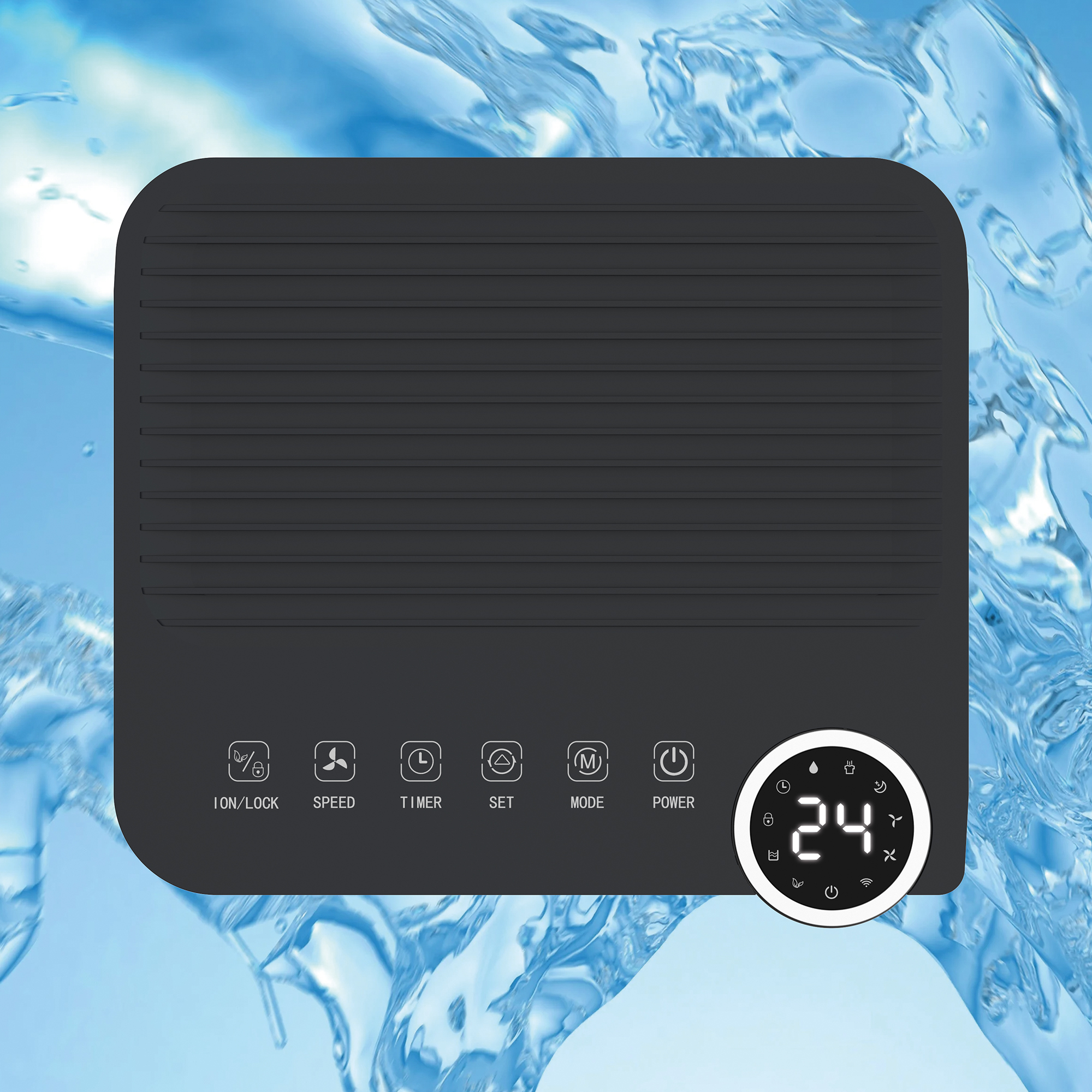 Un dispositivo negro con iconos y una pantalla digital de 24, contra agua que fluye.