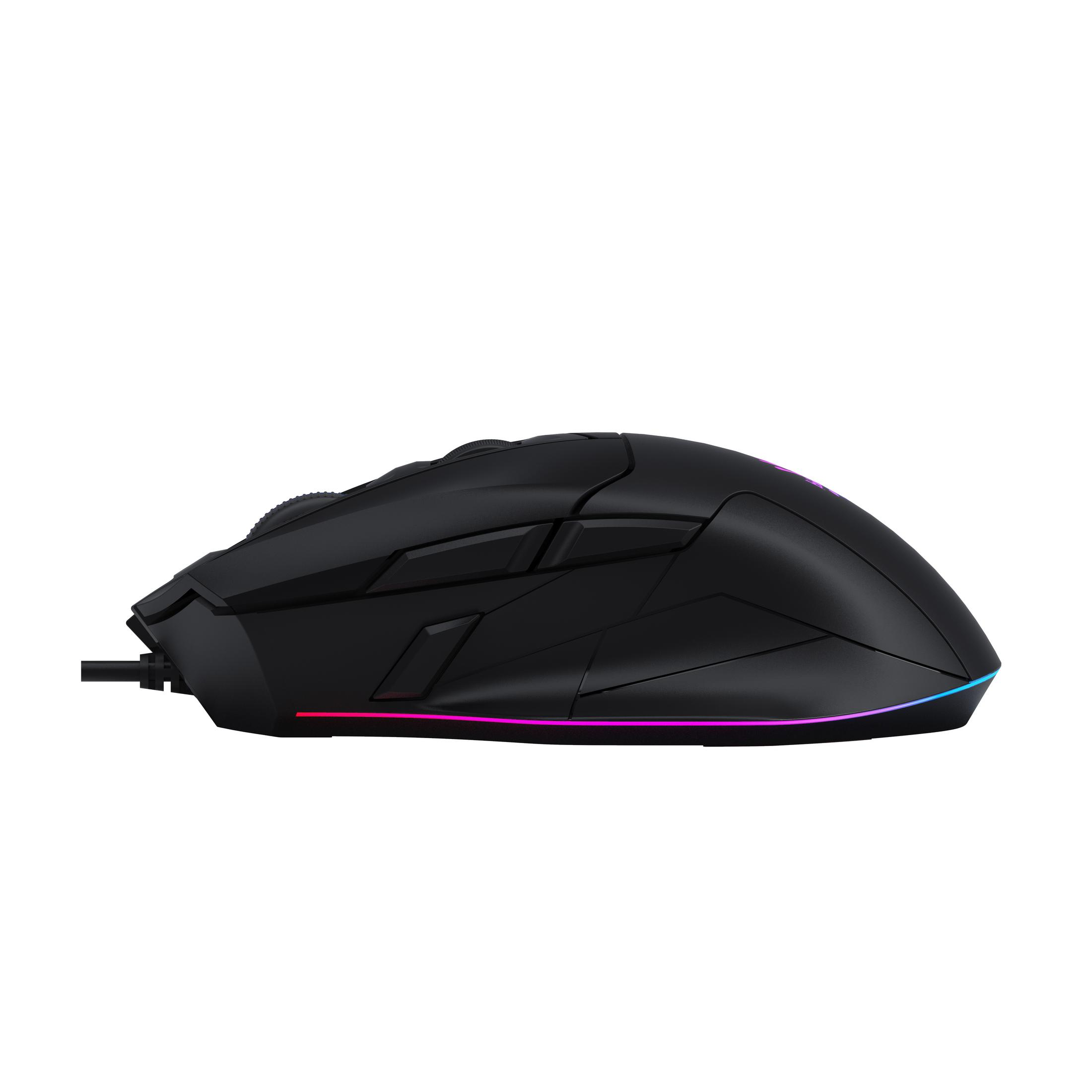 Mouse gaming nero con illuminazione RGB, su sfondo bianco.