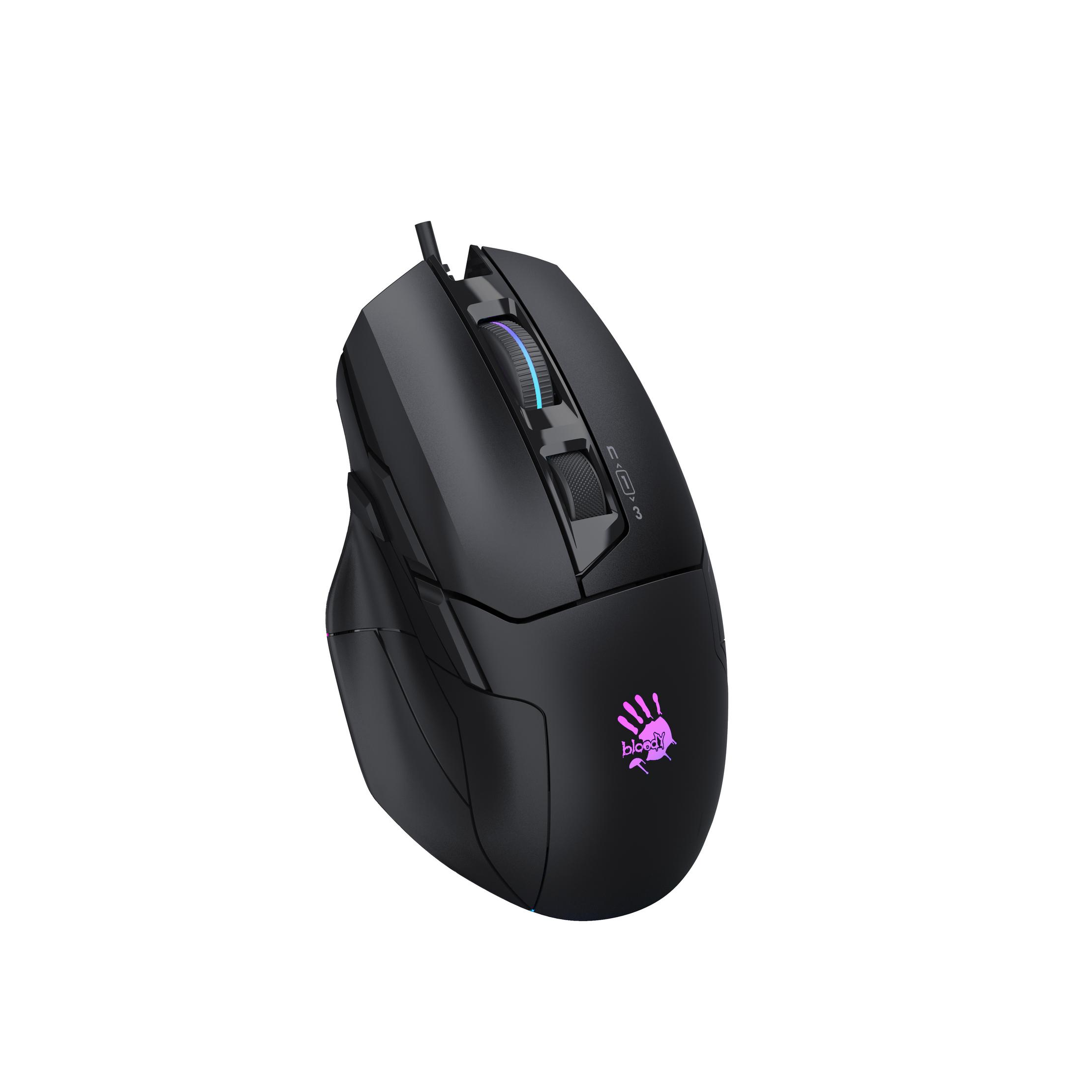 Mouse da gaming nero con rotellina e logo illuminati.