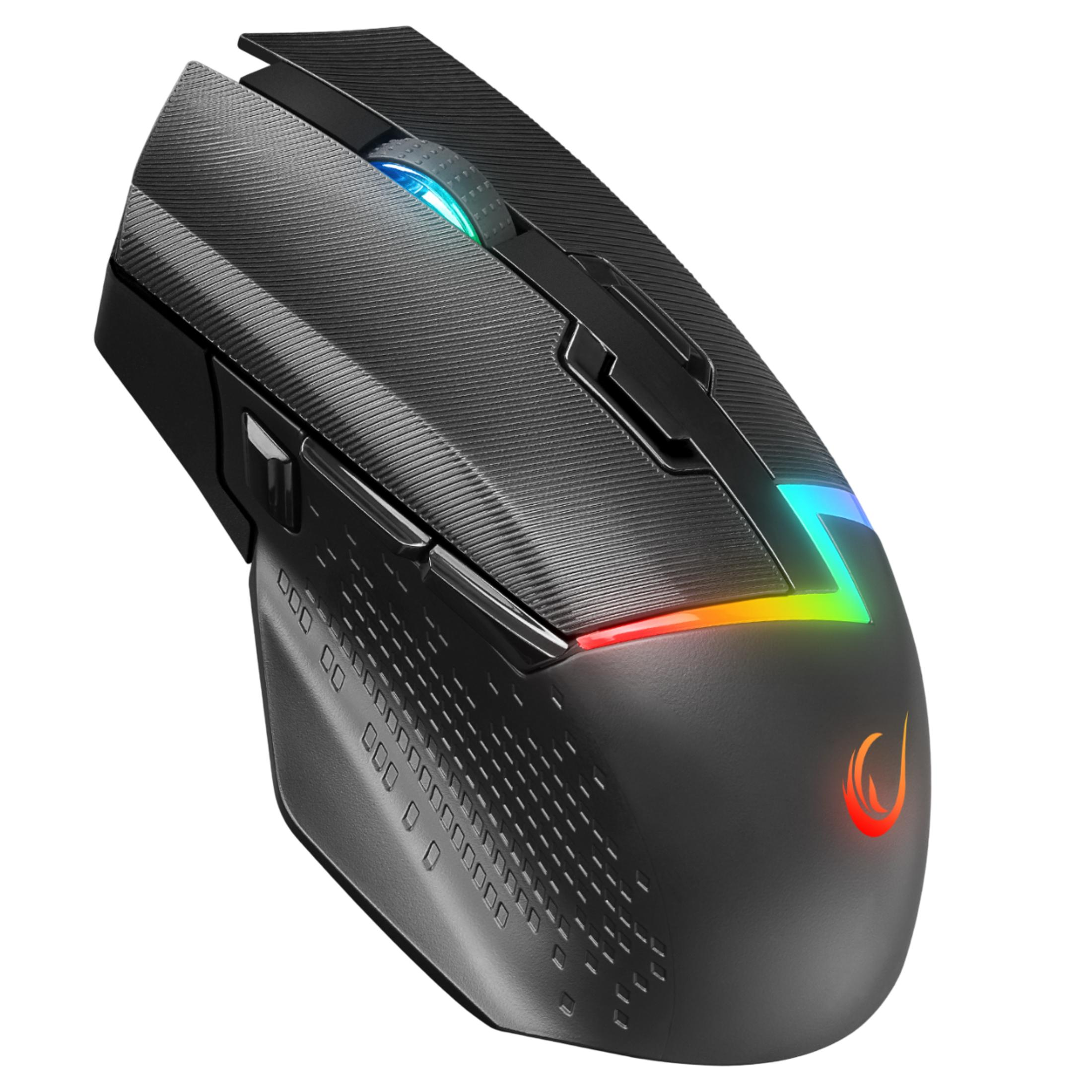 Mouse gaming nero con illuminazione RGB su rotella e logo.