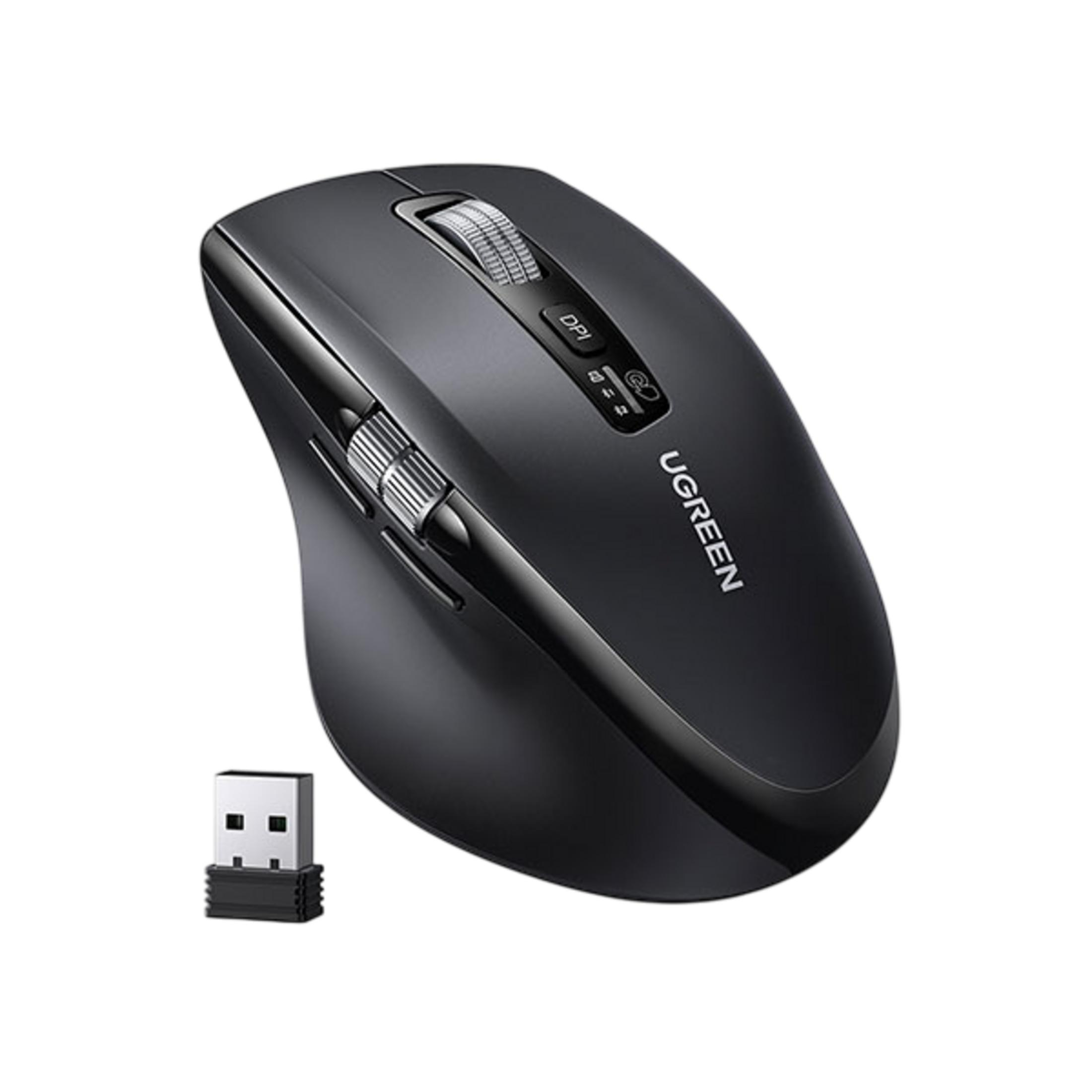 Mouse wireless nero con dongle USB e rotella di scorrimento.