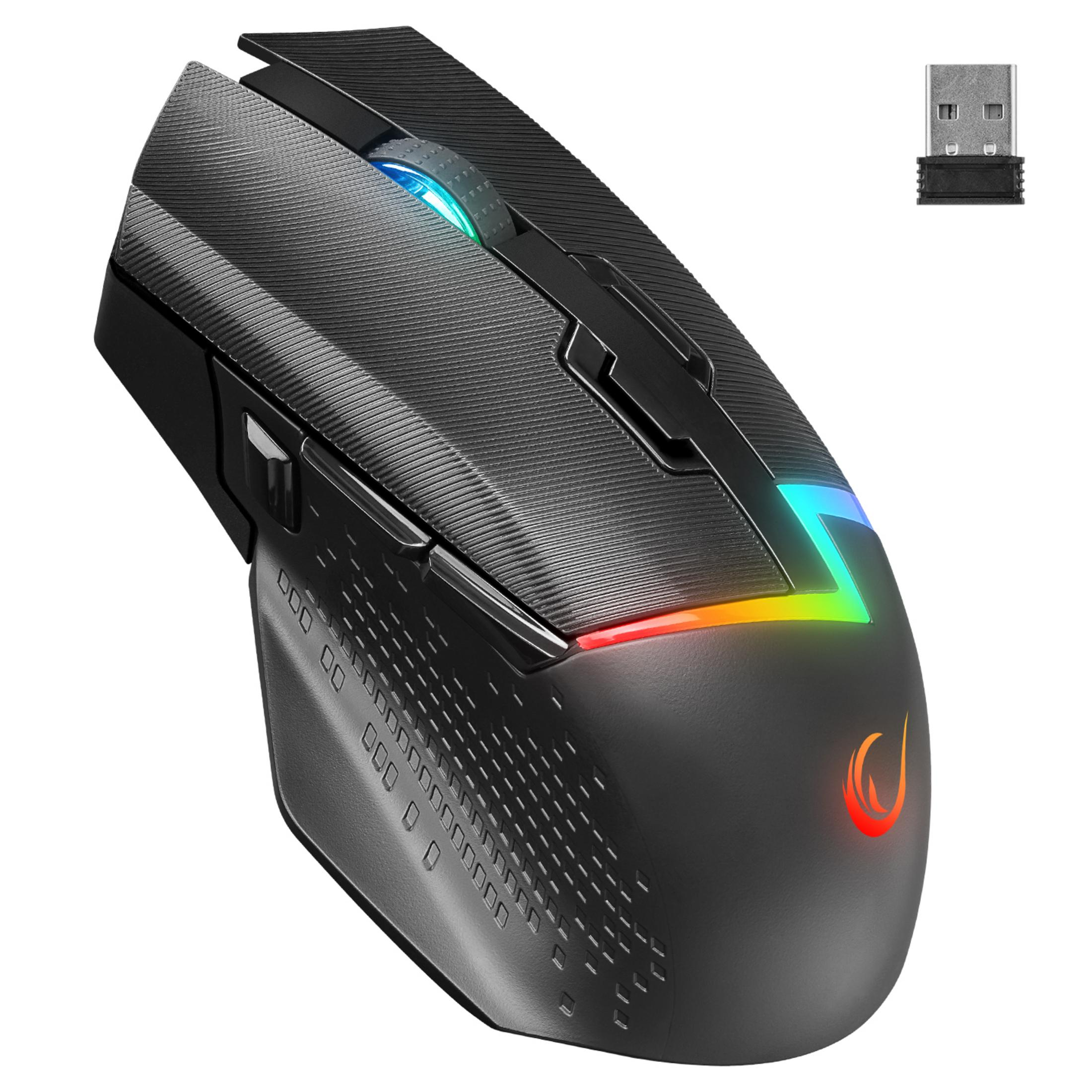 Mouse gaming nero con illuminazione RGB e dongle USB.