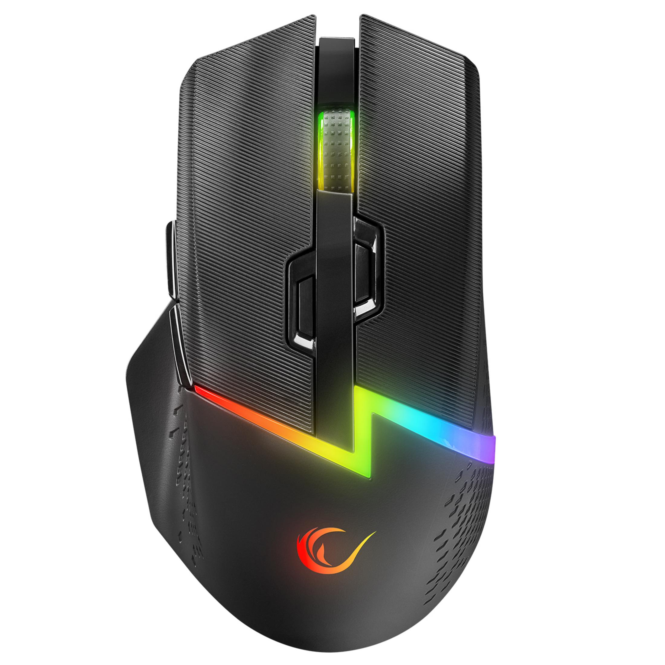 Un mouse da gaming nero con illuminazione RGB e un logo.