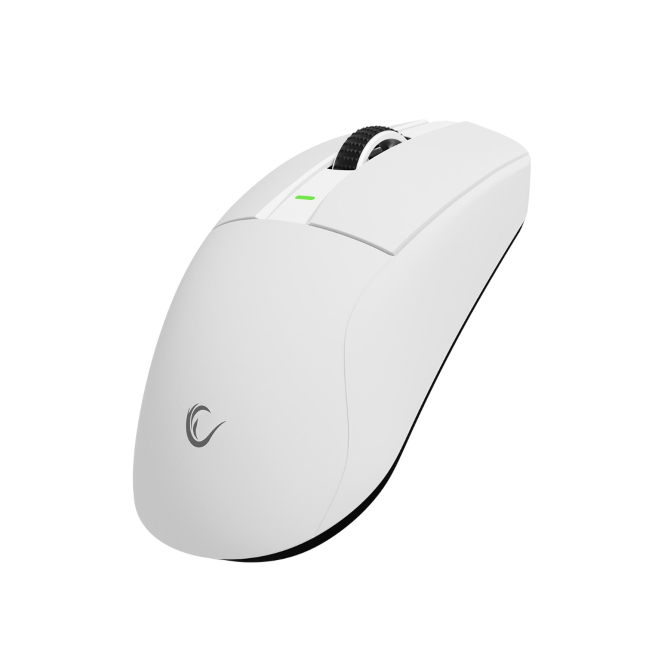 Un mouse bianco con rotella nera e LED verde.