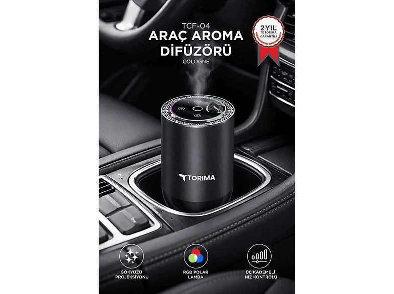 TORIMA TCF04 Cologne Araç İçi Aroma Difüzörü Rgb Işıklı Şarjlı Oda ve Araba Kokusu Hava Nemlendirici Mavi