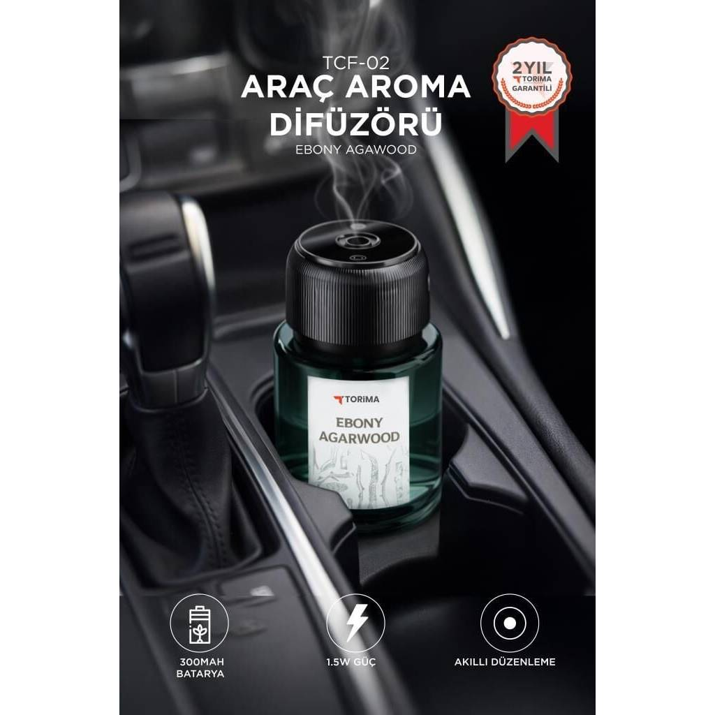 TORIMA TCF02 Ebony Agarwood Araç İçi Aroma Difüzörü Lazerli Şarjlı Oda ve Araba Kokusu Hava Nemlendirici Siyah