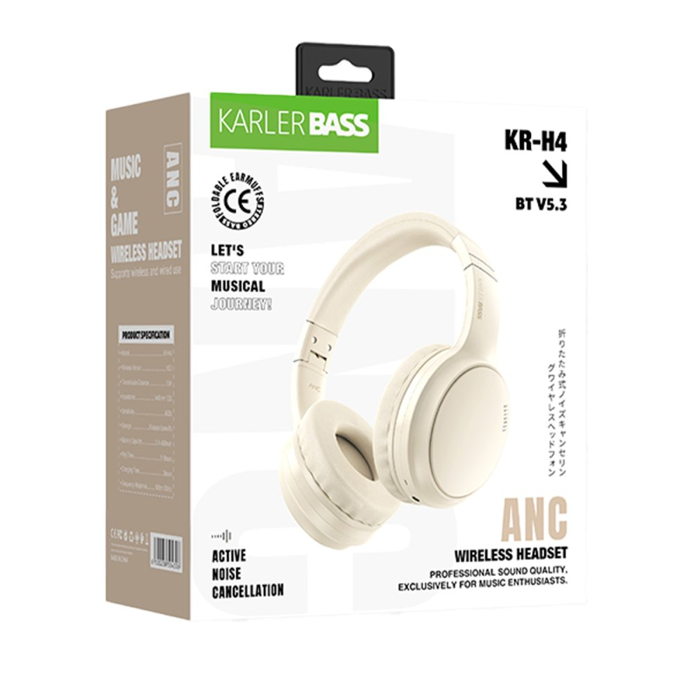 Bej rengi Karler Bass kulaklık, ANC'li, KR-H4 model, BT V5.3.