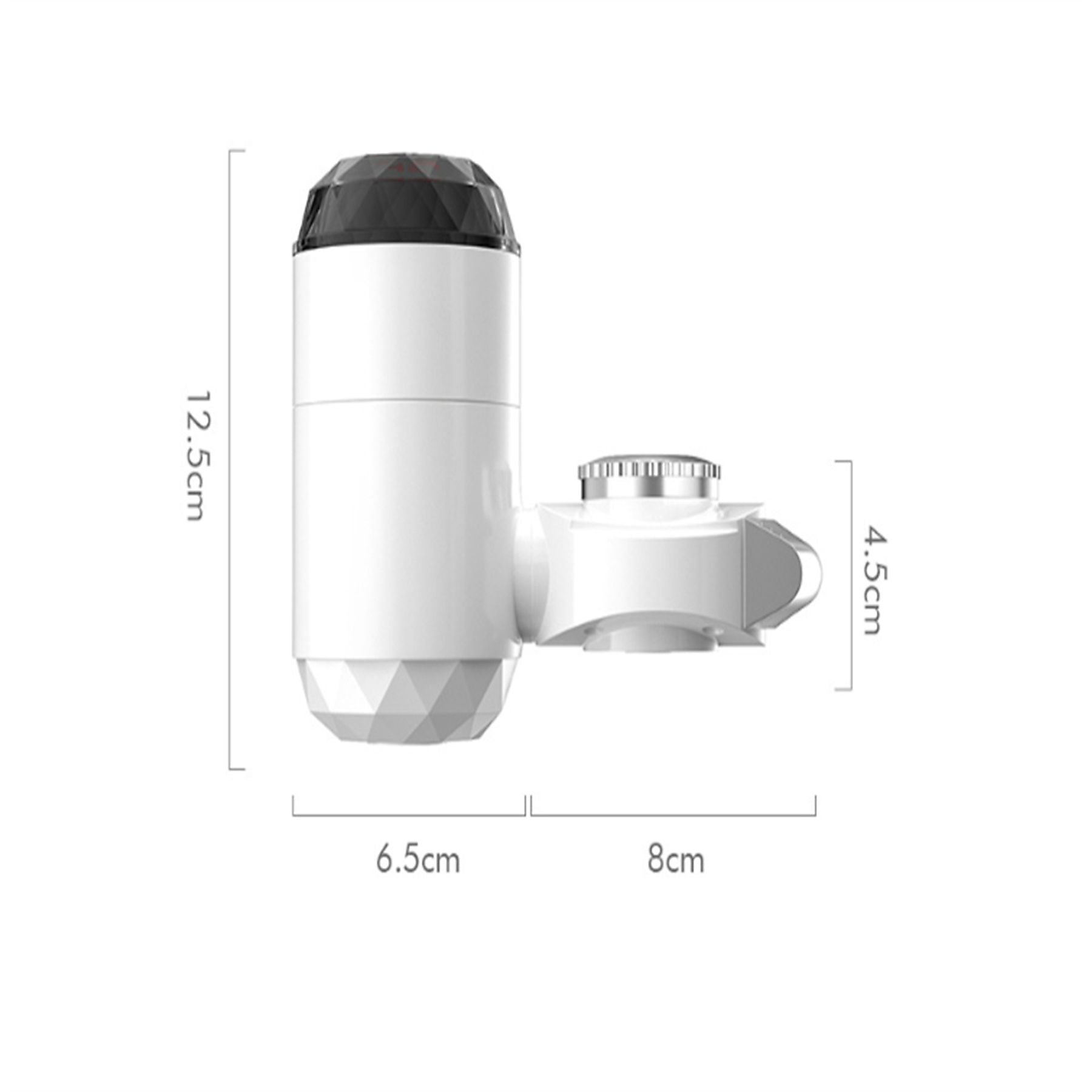 Ein weißer Wasserfilter mit schwarzen und silbernen Akzenten, Maße angegeben.