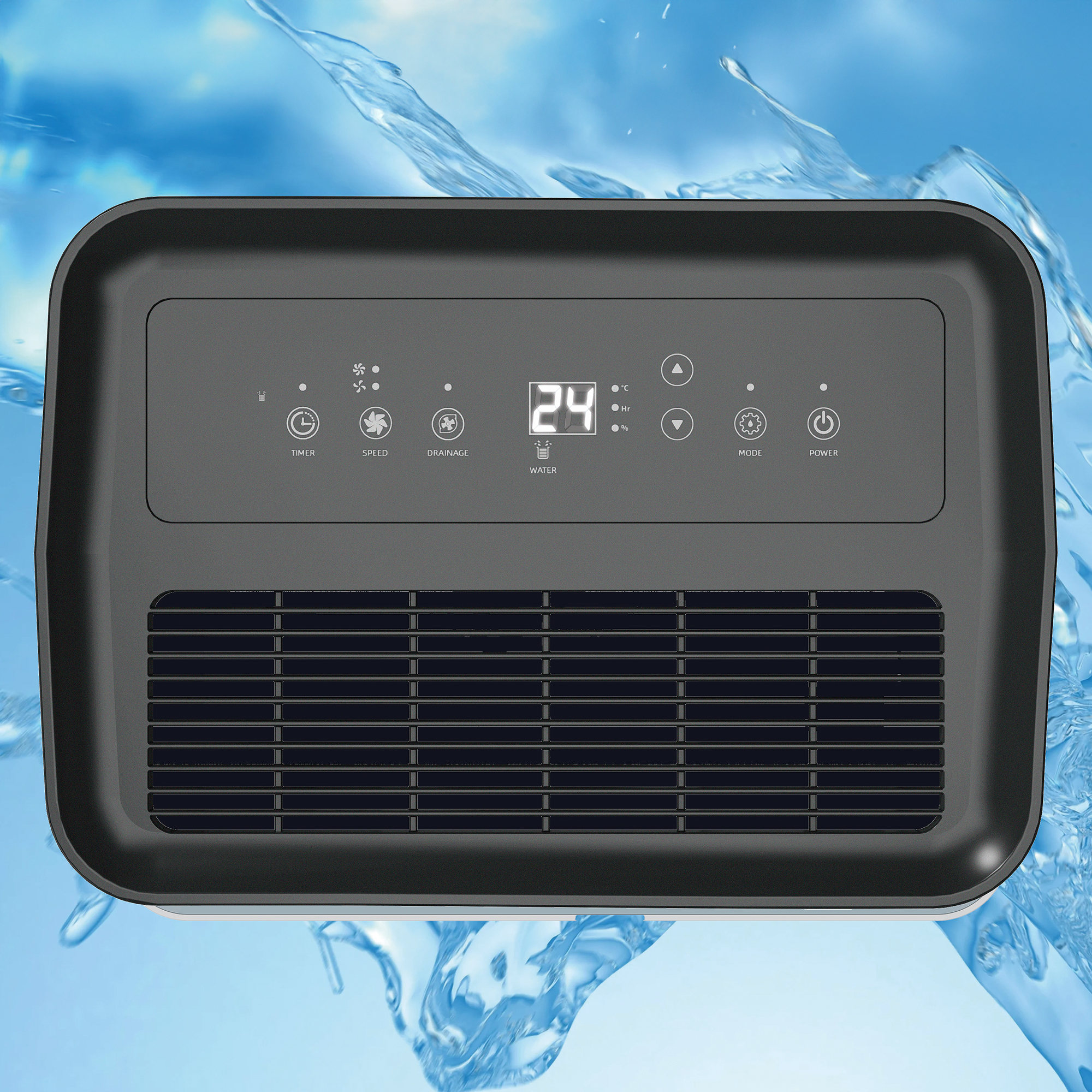 Un enfriador de aire negro muestra 24 grados sobre un fondo azul de salpicaduras de agua.