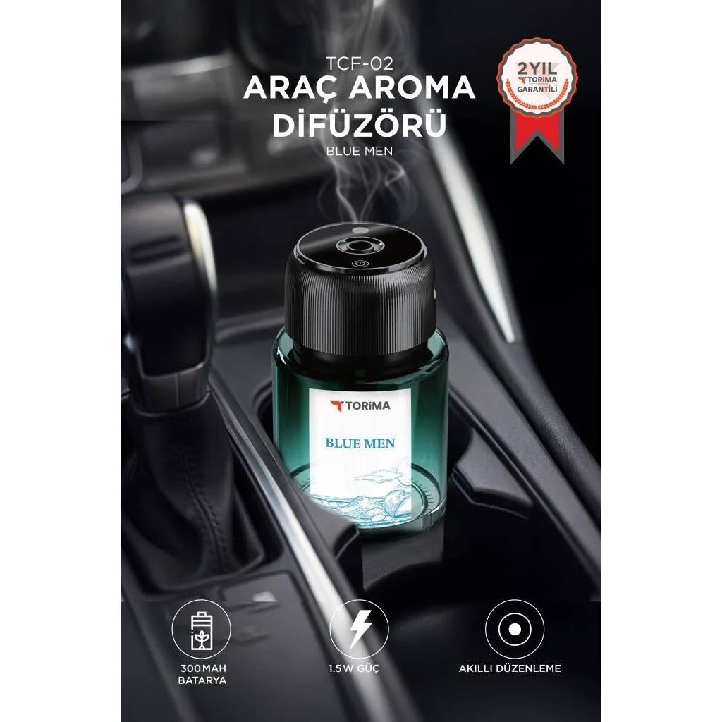 Torima mavi araç aroma difüzörü orta konsolda duruyor.