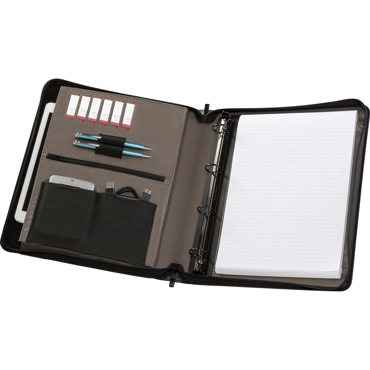 Ein geöffneter schwarzer Aktenordner mit Tablet, Stiften, Handy und Notizblock.