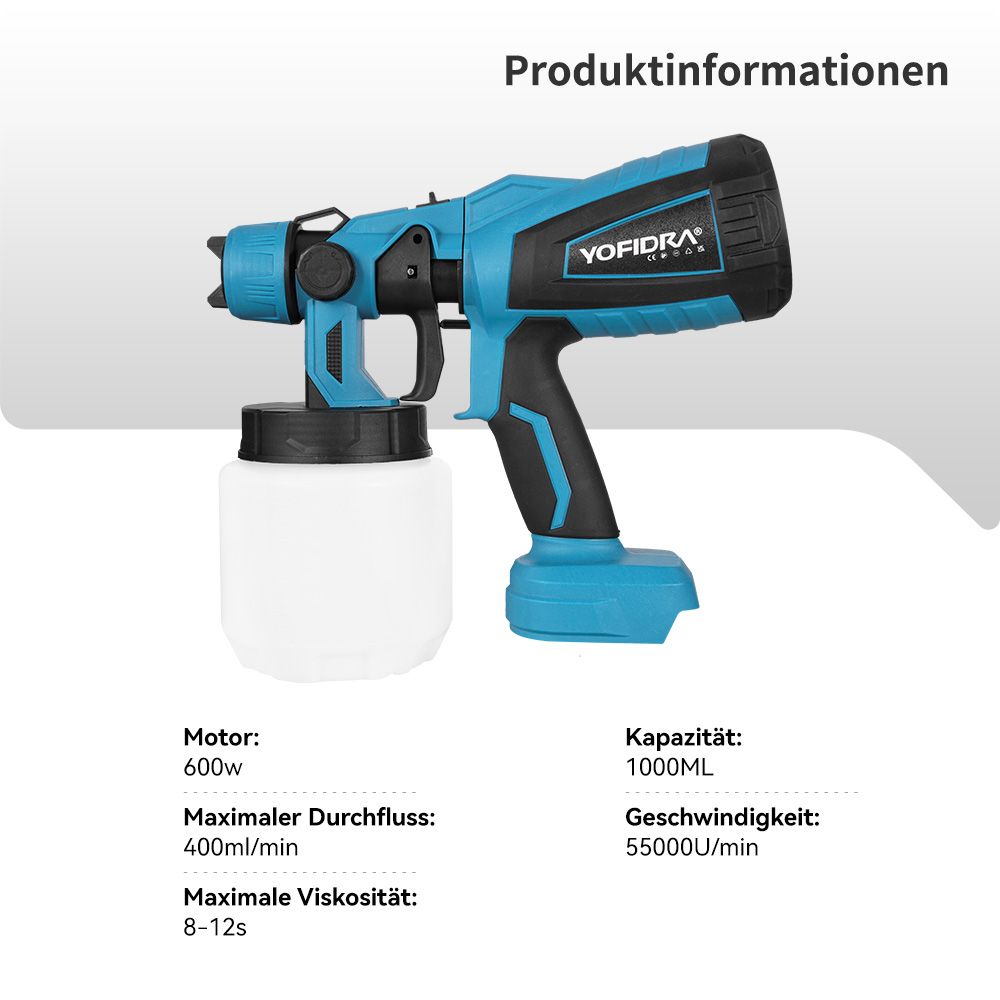 Blauer und schwarzer Farbsprühgerät mit weißem Behälter und Produktinformationen.