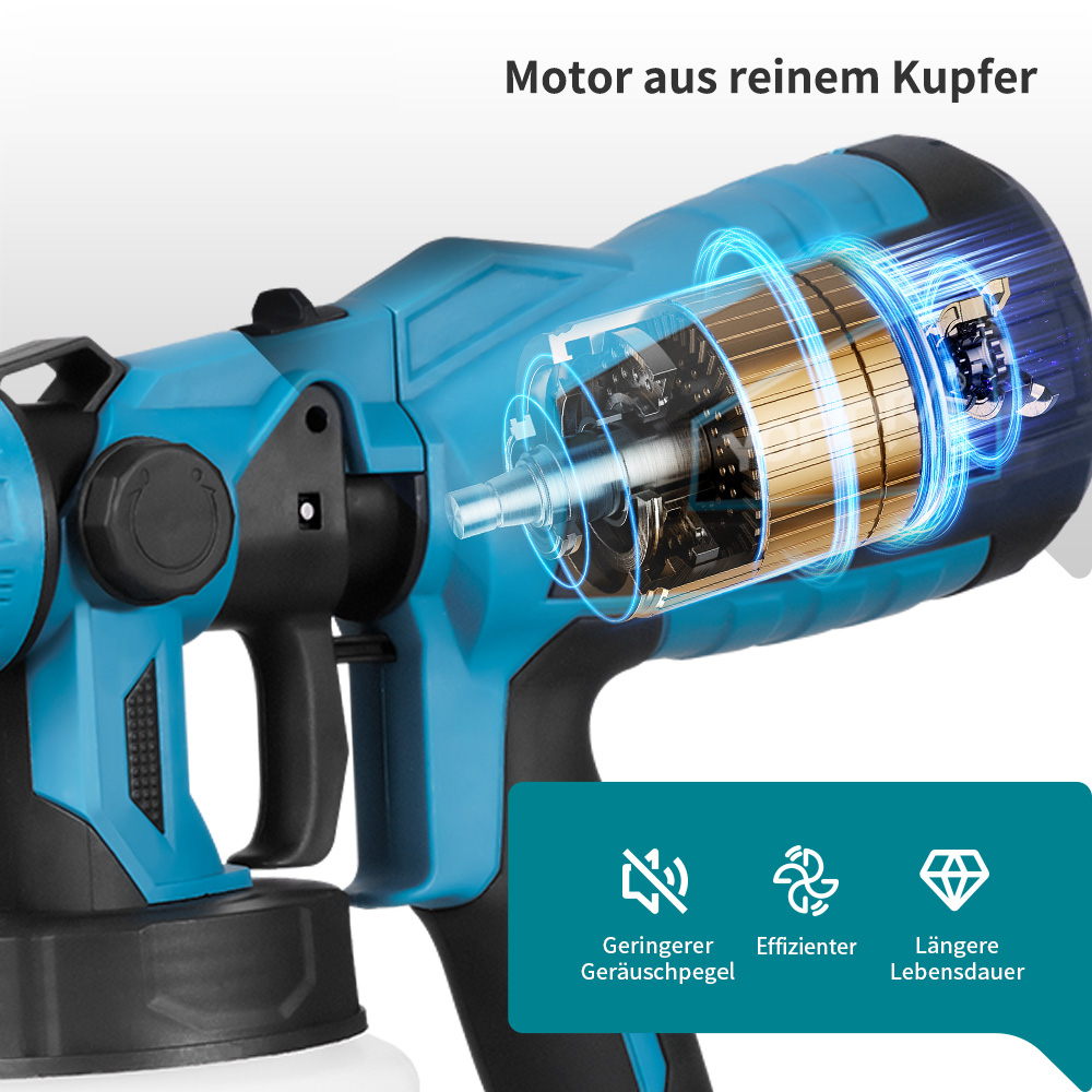 Blauer Sprühgerät-Motor aus reinem Kupfer mit animierten blauen Linien. Text & Icons unten.