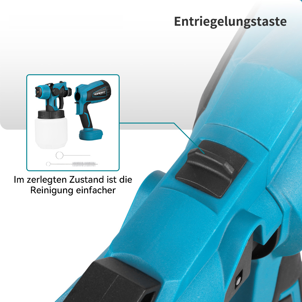 Türkiser Sprühfarbenapparat mit abnehmbarem Behälter und Reinigungsbürste.