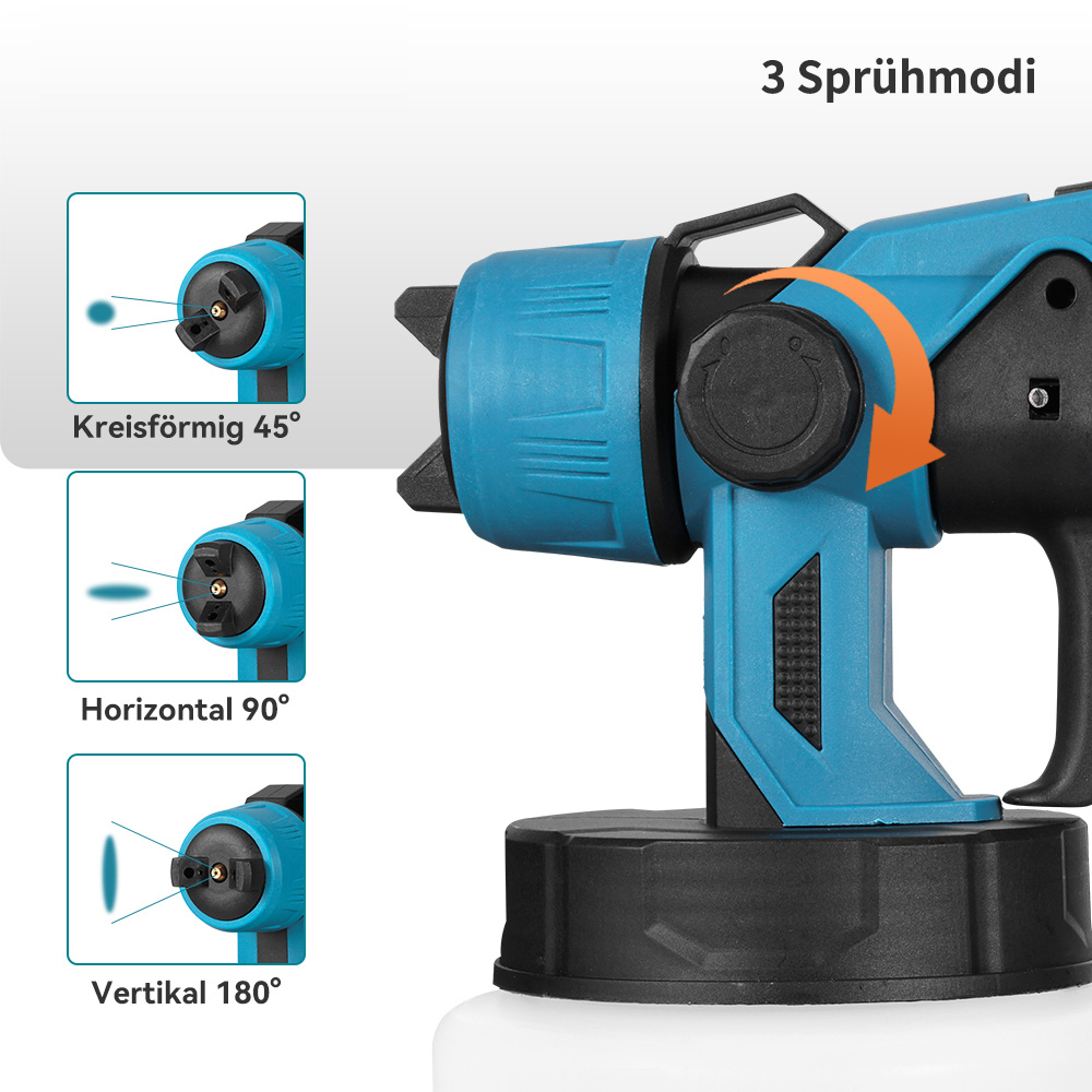 Blaue Spritzpistole mit drei Einstellscheiben für Sprühmodi.