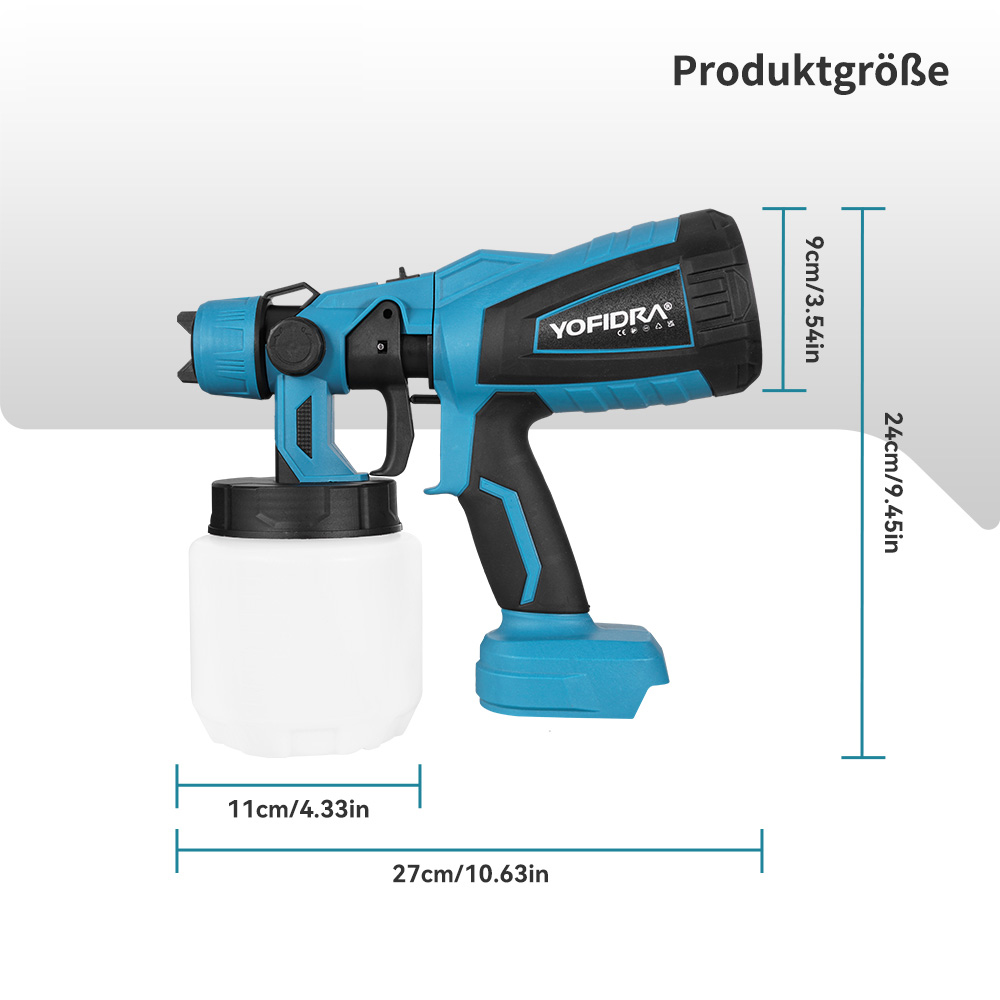 Ein blau-schwarzer Farbsprühgerät mit Messungen: 27cm lang, 24cm hoch, 9cm breit.
