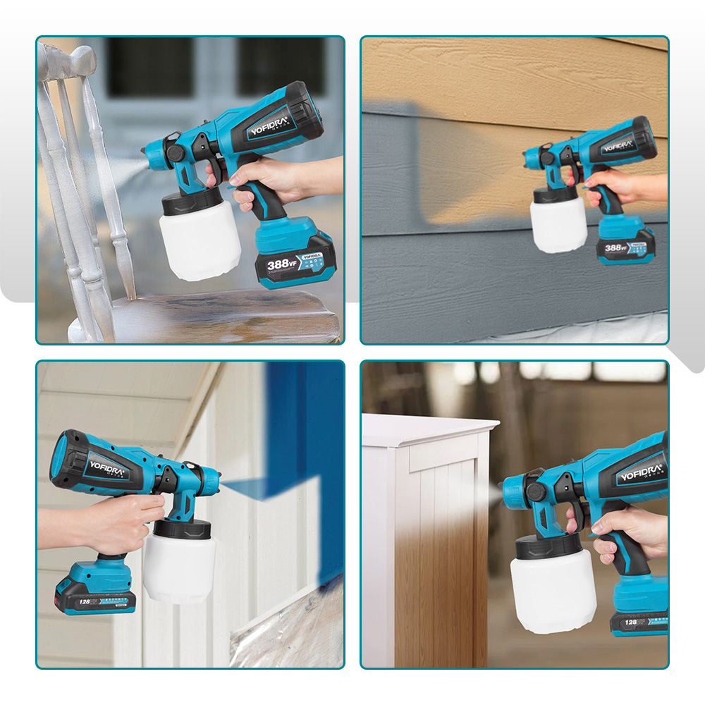 Blaue Sprühpistole sprüht auf Holzmöbel, Hausfassade und Schrank.