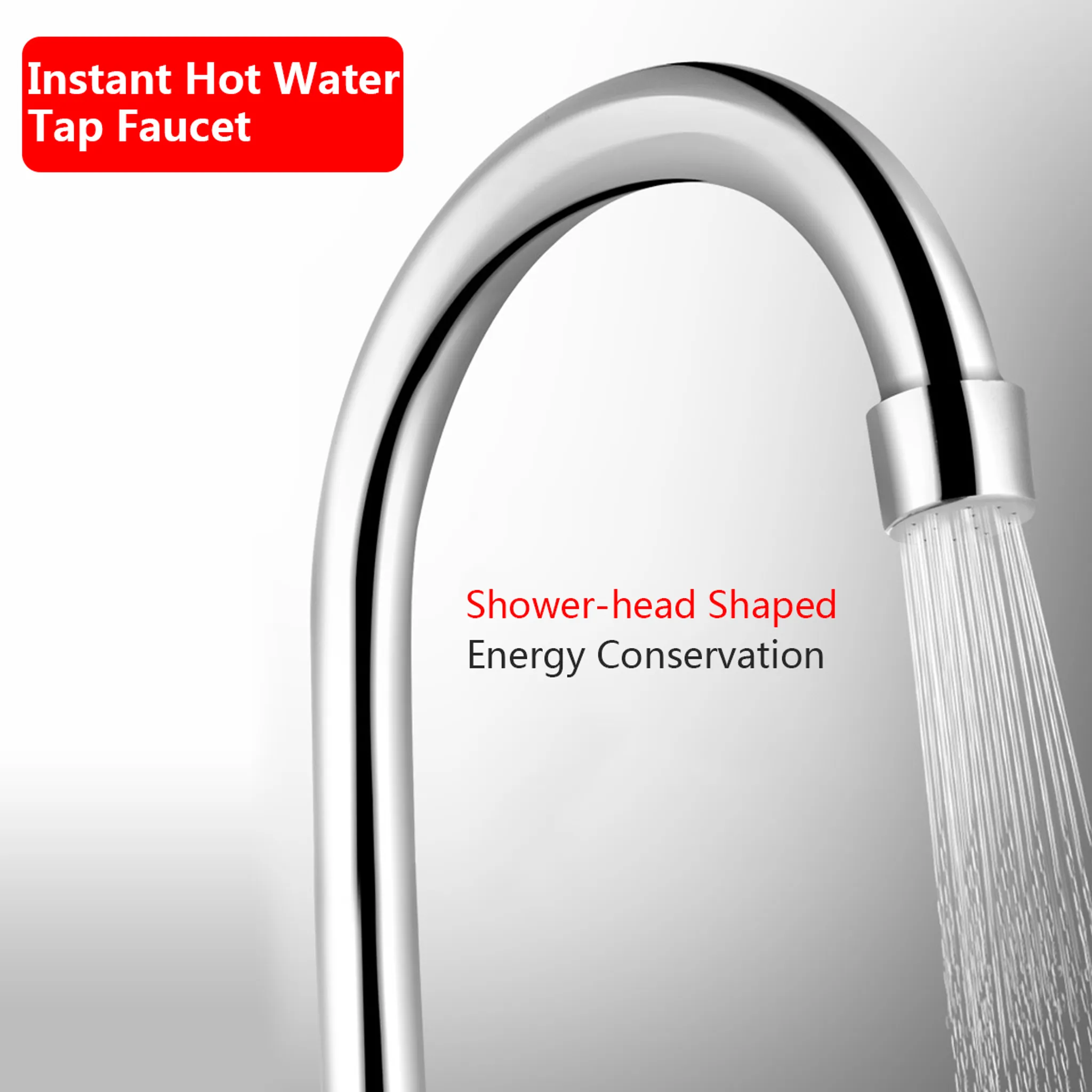 Ein Chromwasserhahn mit fließendem Wasser, mit Text über Energieeinsparung.