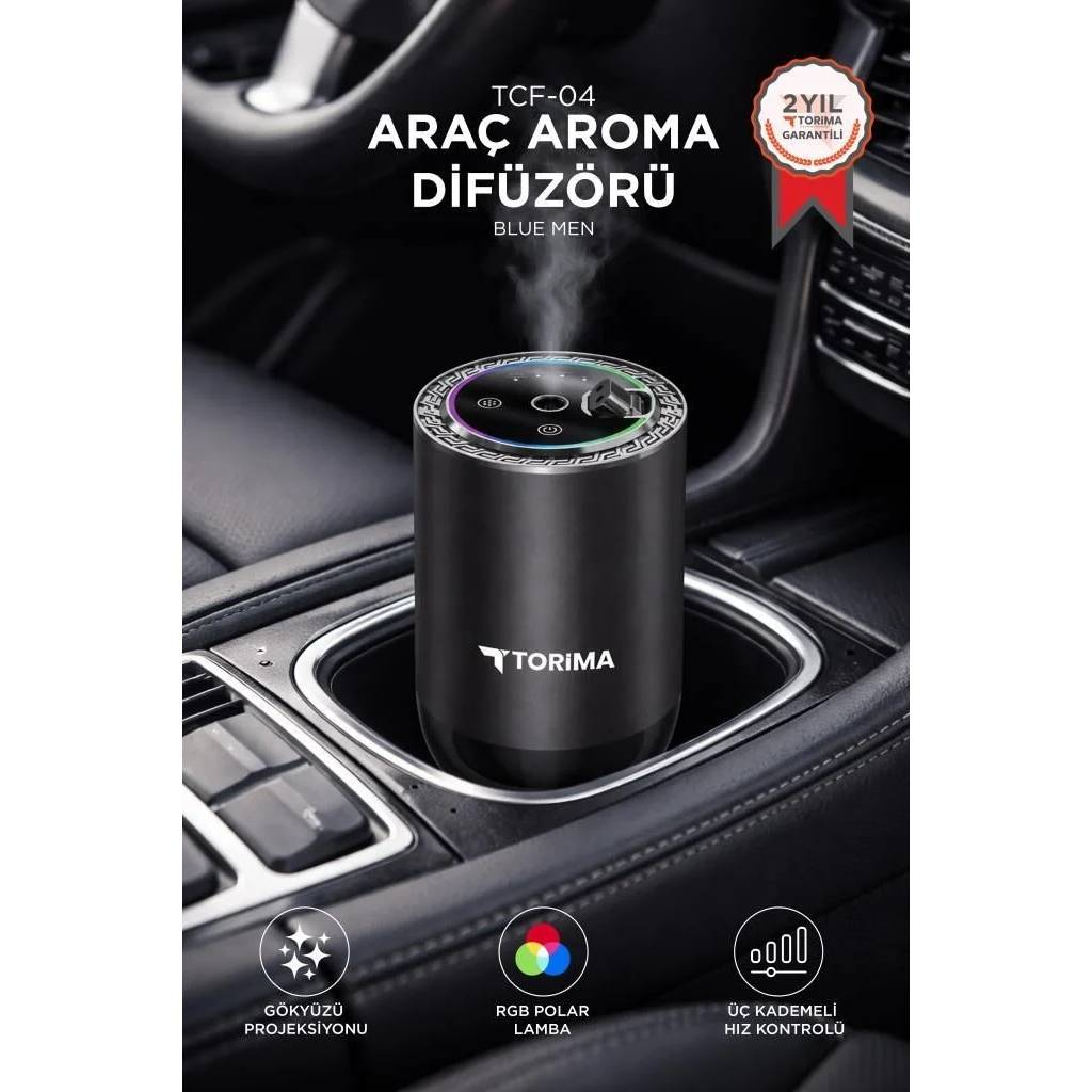 Siyah Torima araç aroma difüzörü, RGB ışıklı ve buharlıdır.