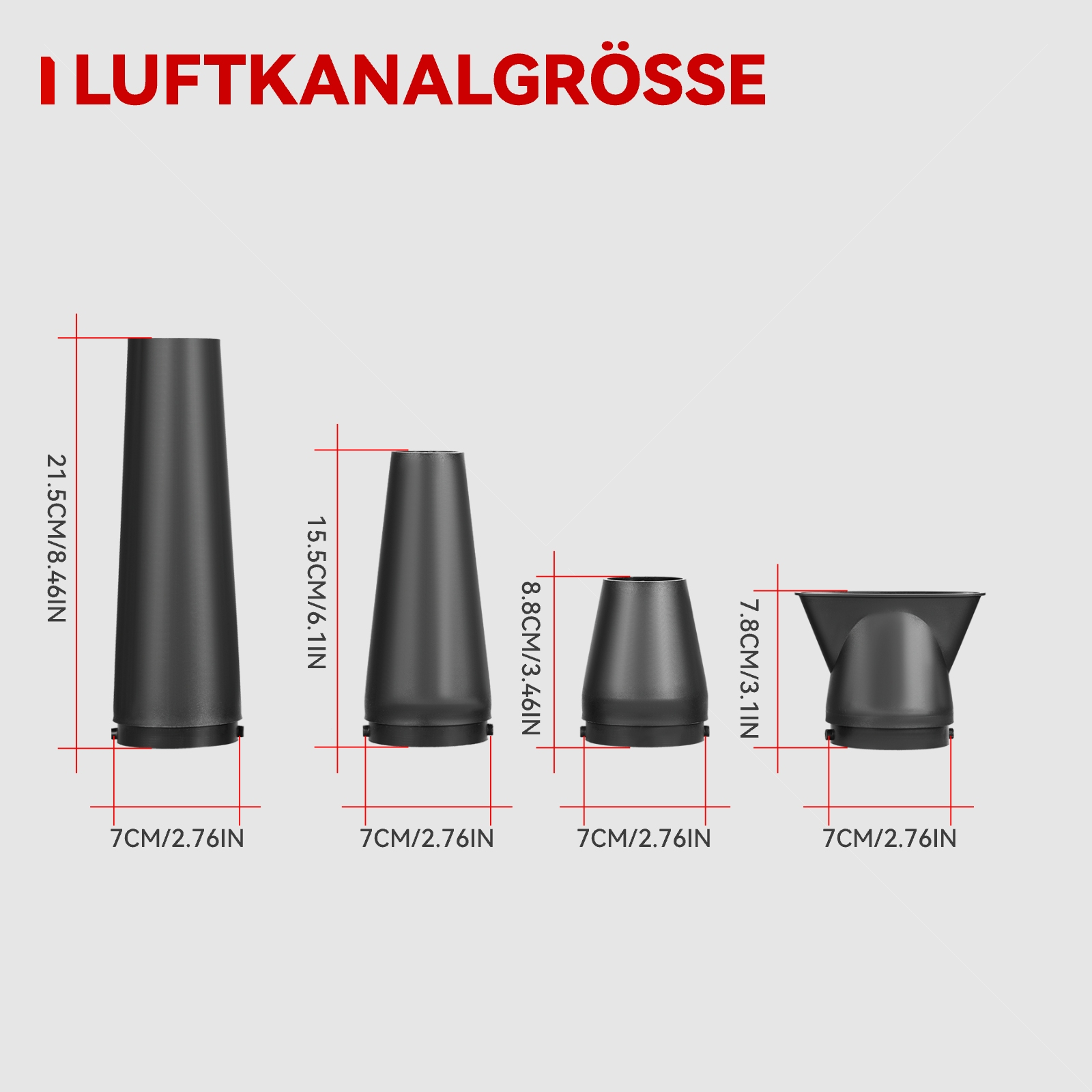 Vier schwarze Düsen unterschiedlicher Größe mit Maßen.