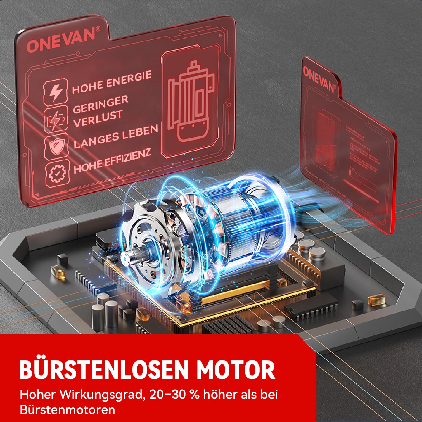 Ein Bürstenloser Motor auf einem Schaltkreis, mit roten Informationsanzeigen.
