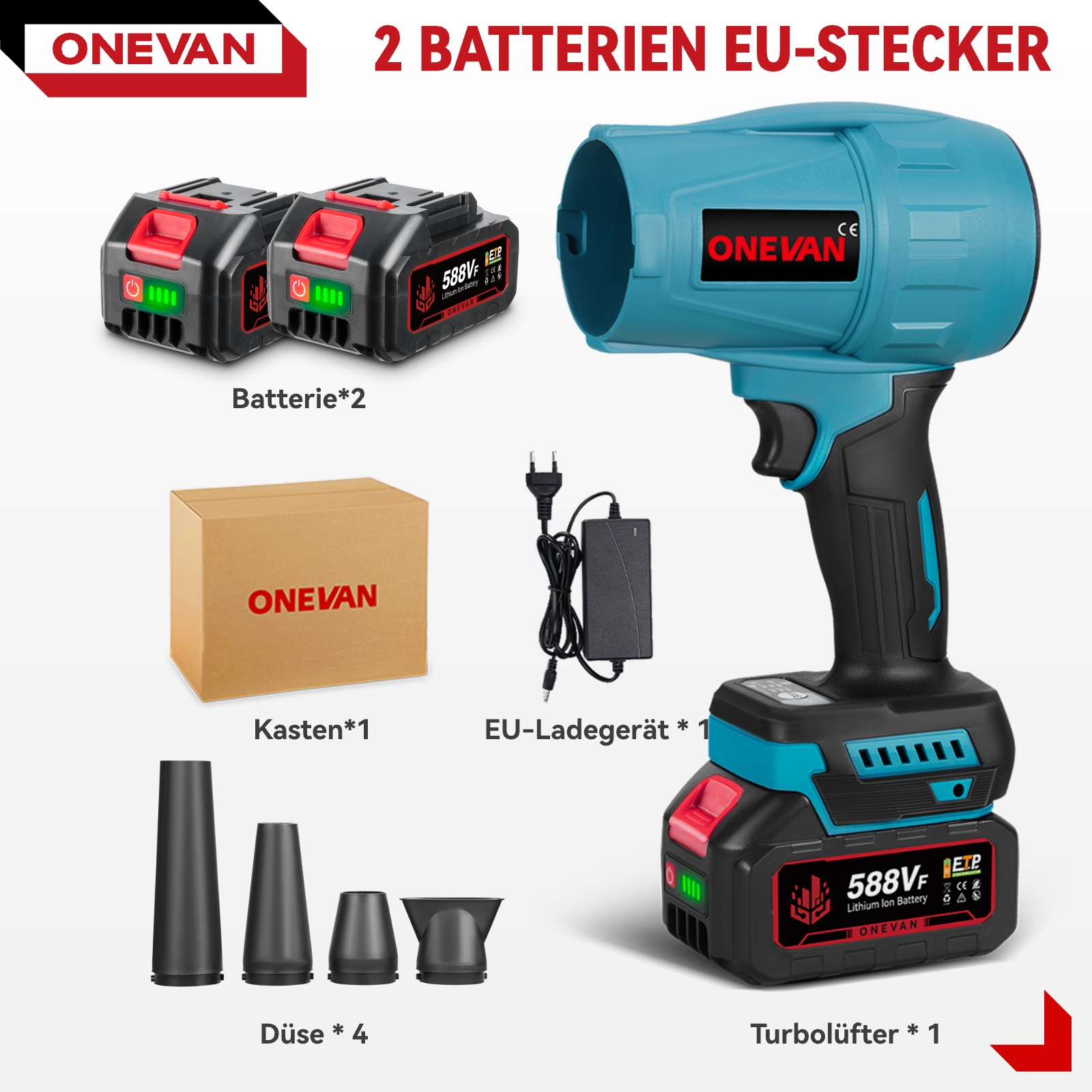 Ein blauer und schwarzer Turbinenlüfter mit Zubehör: zwei Batterien, Ladegerät, Karton, vier Düsen.