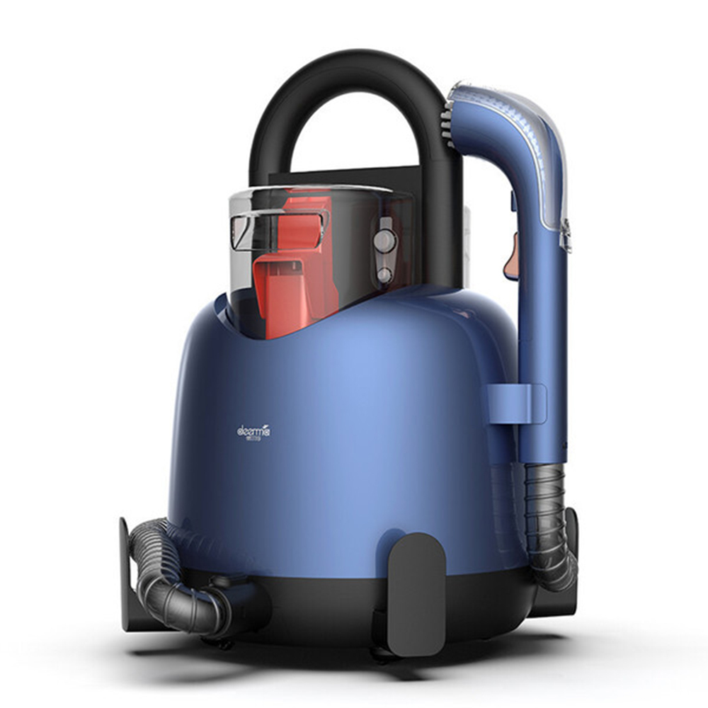Aspirateur bleu avec poignée noire et réservoir transparent.