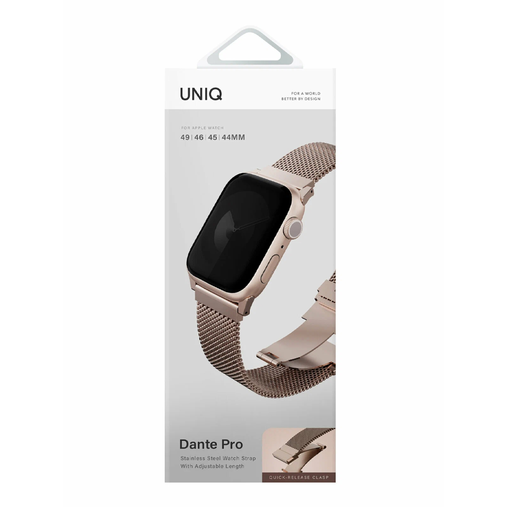 Rose altın Apple Watch ve paslanmaz çelik kordonlu ambalaj.
