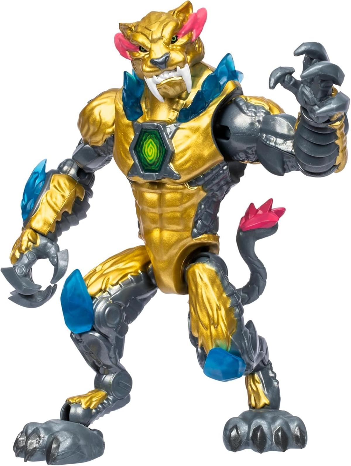 Actionfigur eines goldenen Raubtiers mit Klauen und blauen Kristallen.