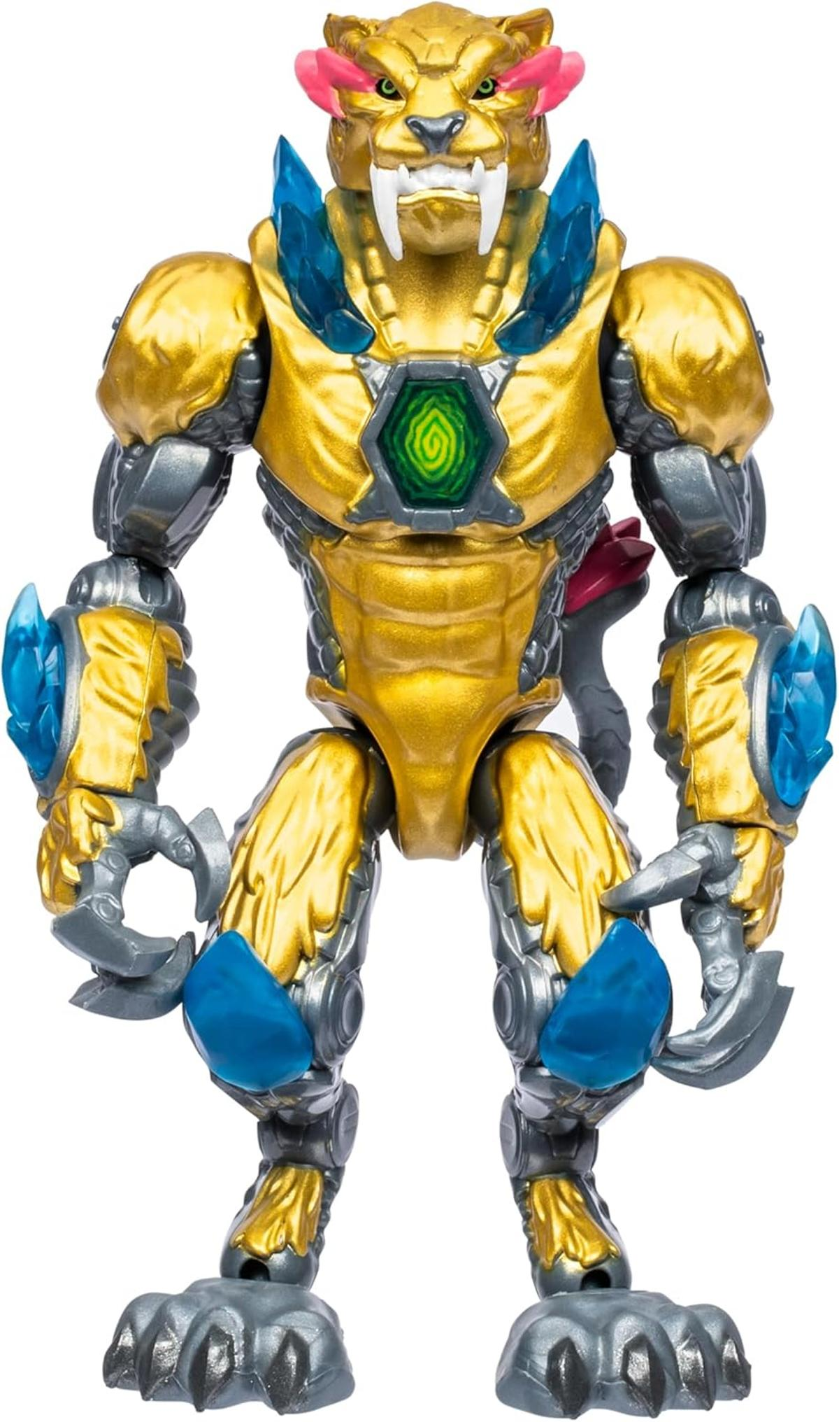 Ein goldener Actionfigur-Löwe mit blauen Kristallen und einem grünen Emblem in der Brust.