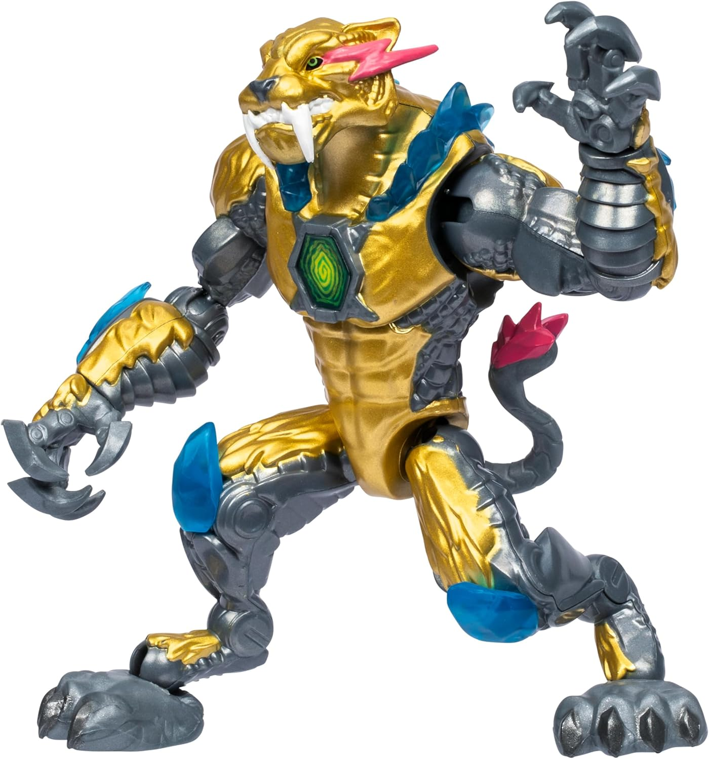Goldener Löwen-Roboter mit blauen und grauen Akzenten in Aktion.