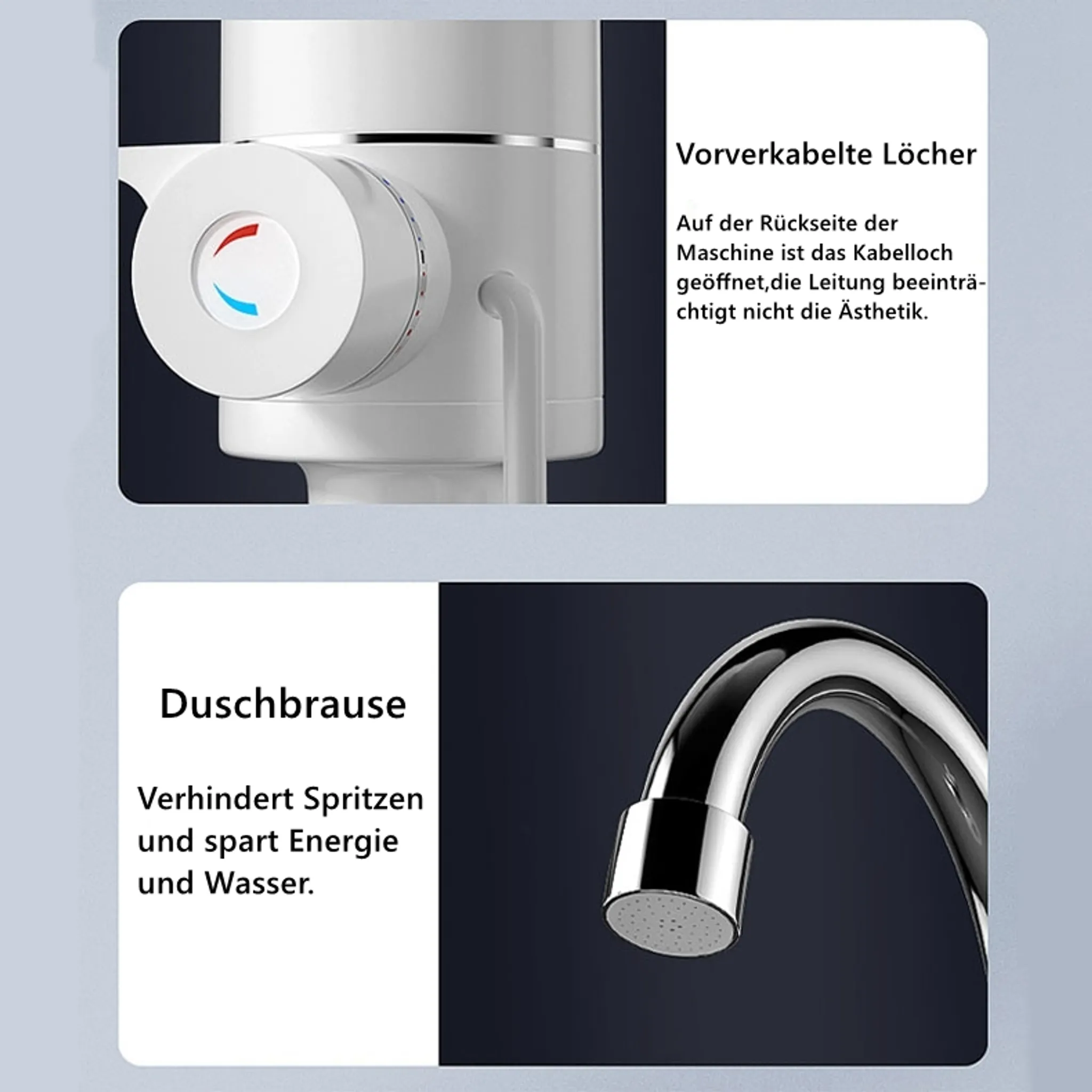 Ein weißer Duschkopf und ein Wasserhahn mit silbernem Glanz.