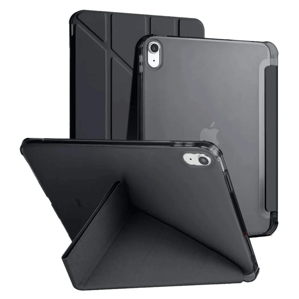 Arkası şeffaf üç siyah tablet kılıfı, biri ayakta duruyor.
