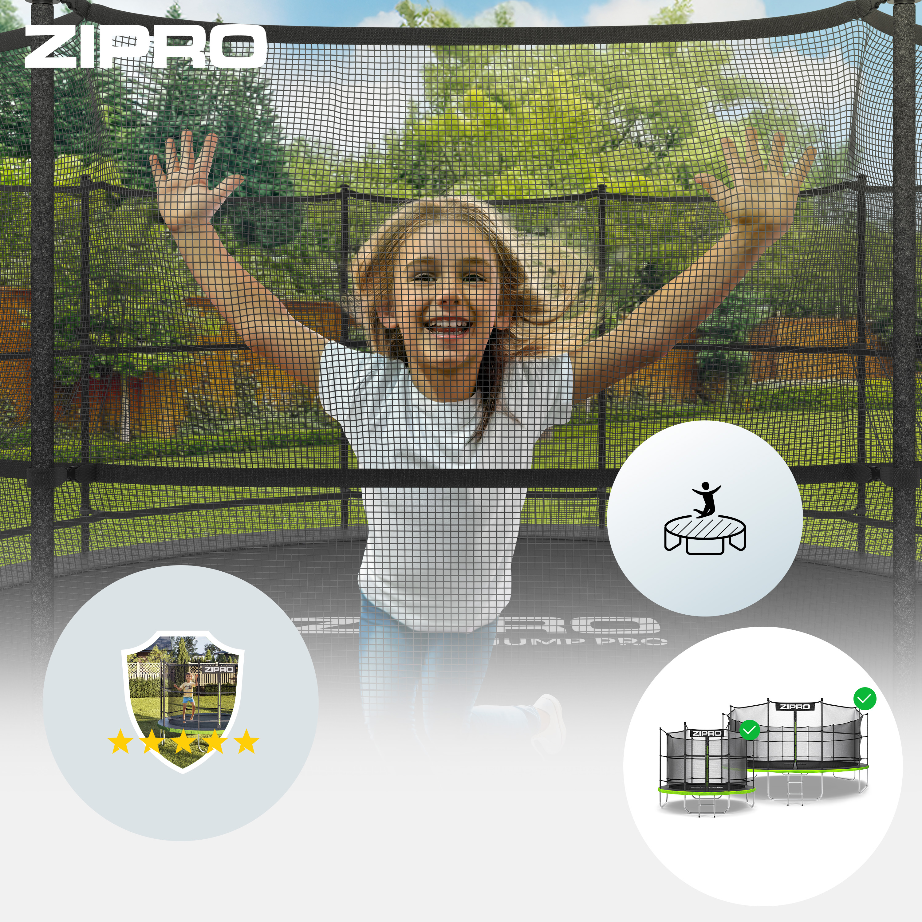 Una bambina salta su un trampolino con rete e logo Zippro.