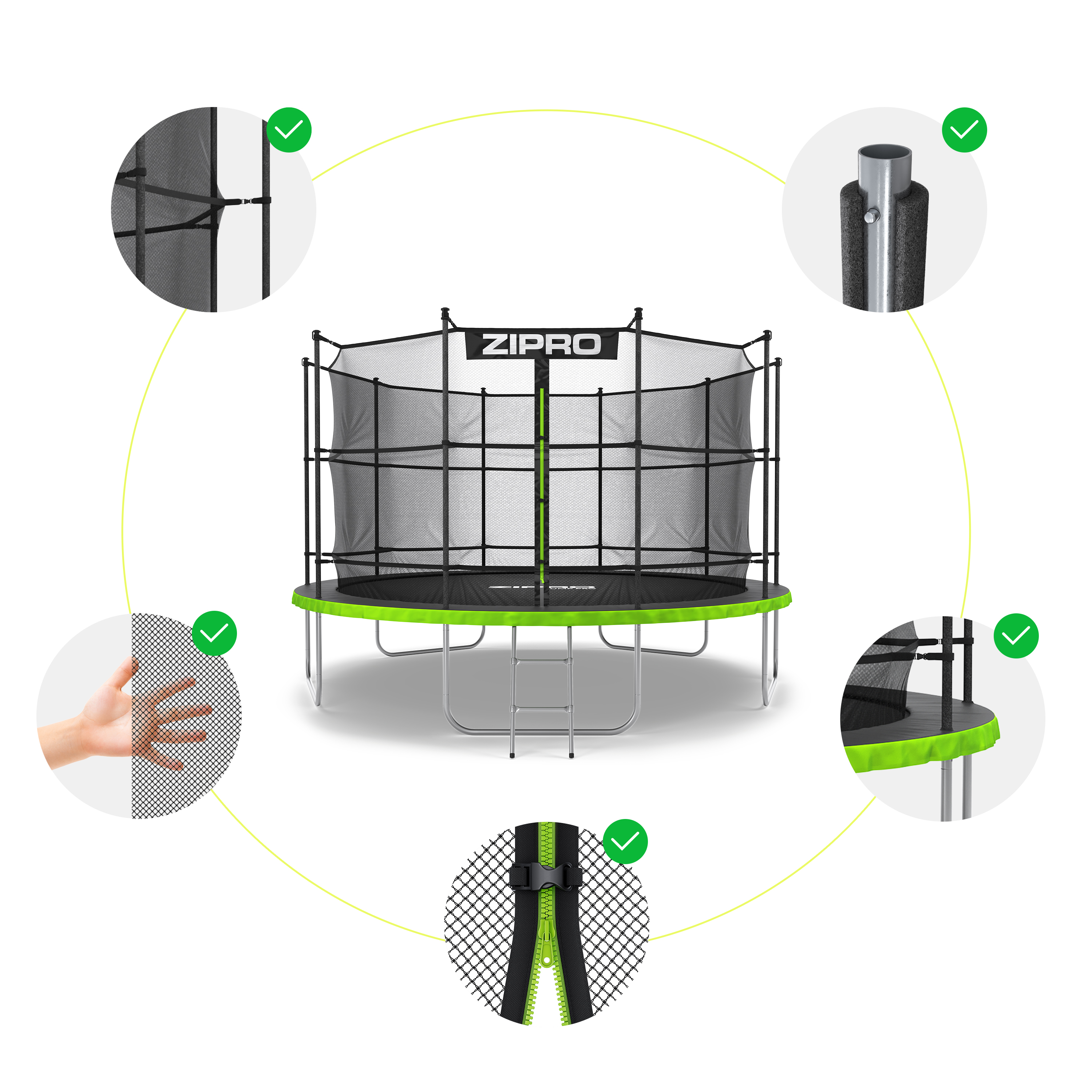 Trampolino con rete di sicurezza, scaletta e cerniera. Bordo verde.