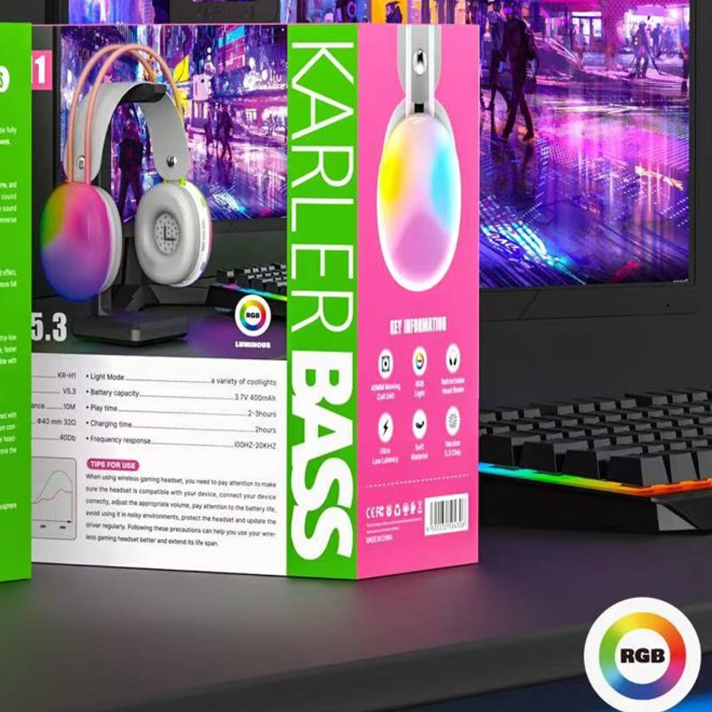 Ambalaj üzerinde RGB aydınlatmalı ve KARLER BASS yazılı beyaz kulaklık.