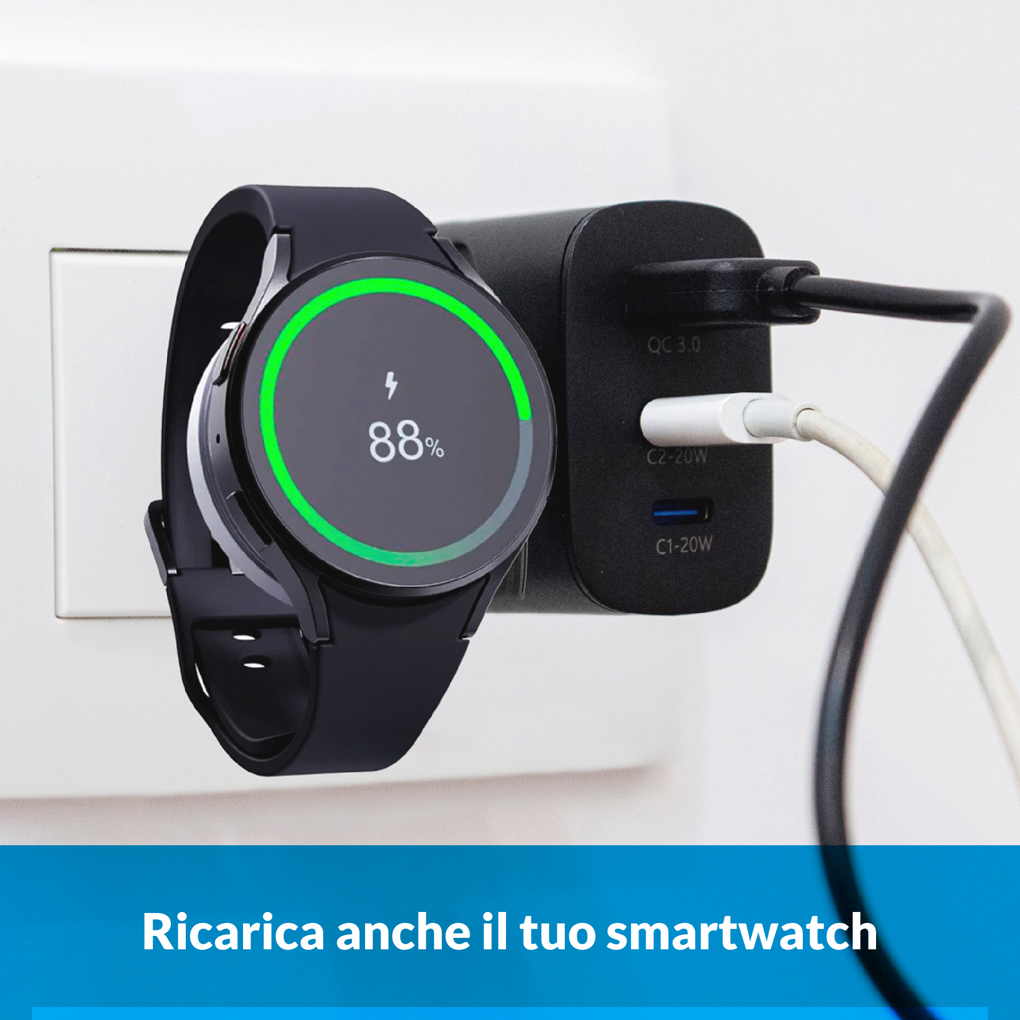 Smartwatch nero in carica su caricatore USB, 88% batteria.
