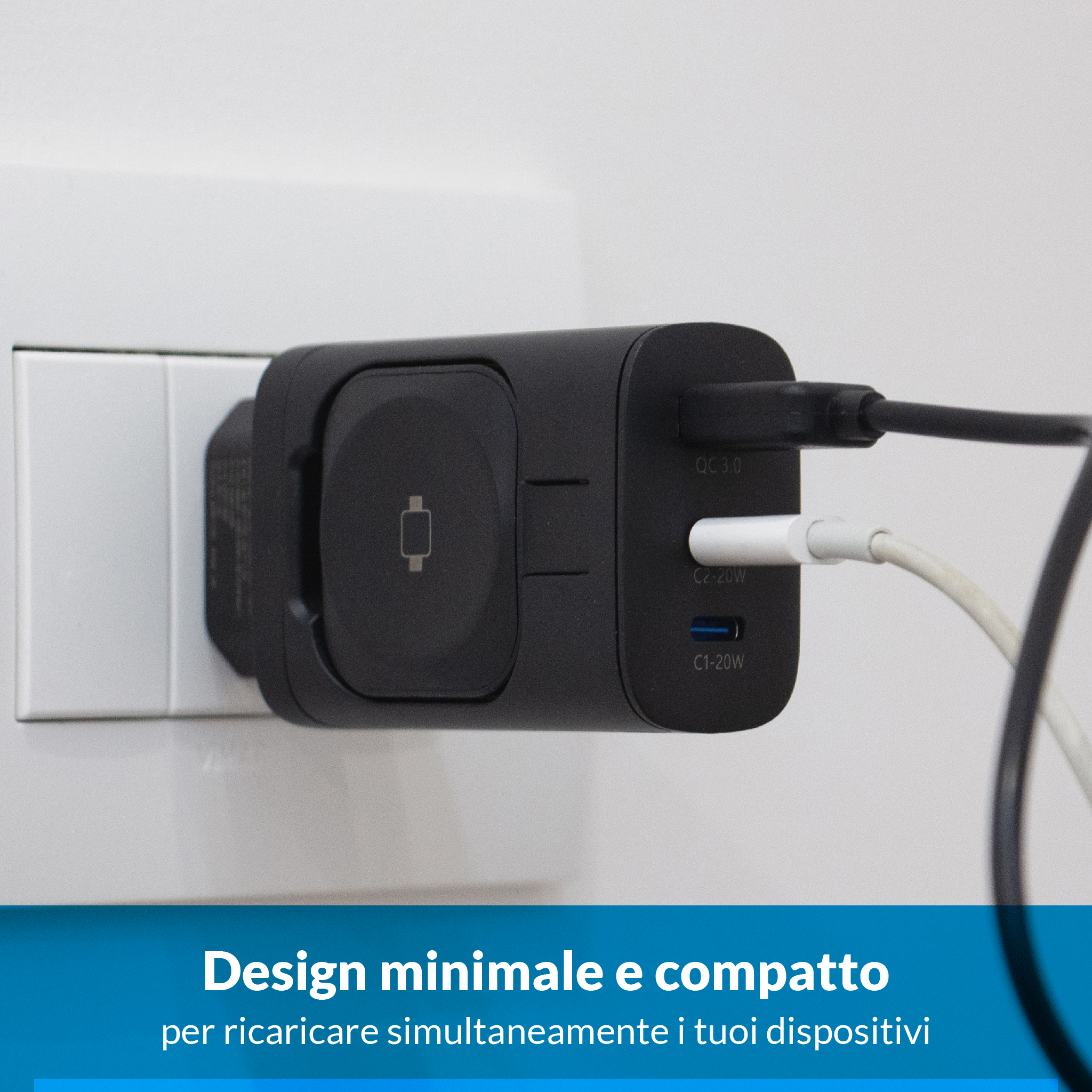 Caricatore nero con due cavi collegati a una presa a muro.