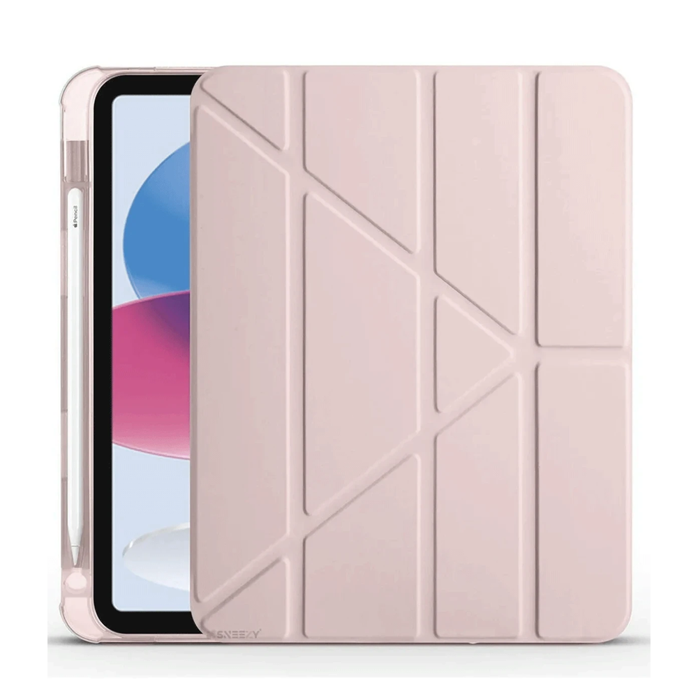 Geometrik desenli kılıfı ve kalemi olan pembe tablet.