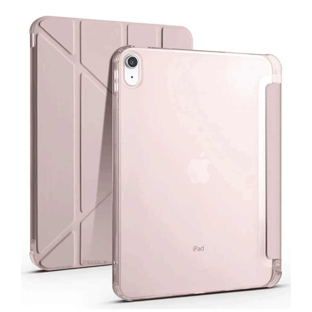 Gül altın rengi iPad şeffaf kılıfta, yanında katlanmış kılıf.
