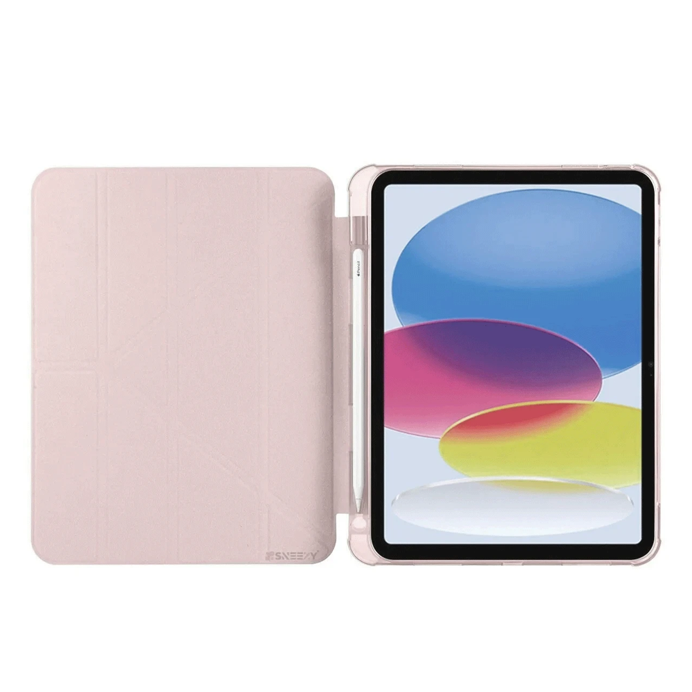 Açık kılıflı pembe bir tablet ve yanında kalem. Ekran renkli oval şekiller gösteriyor.